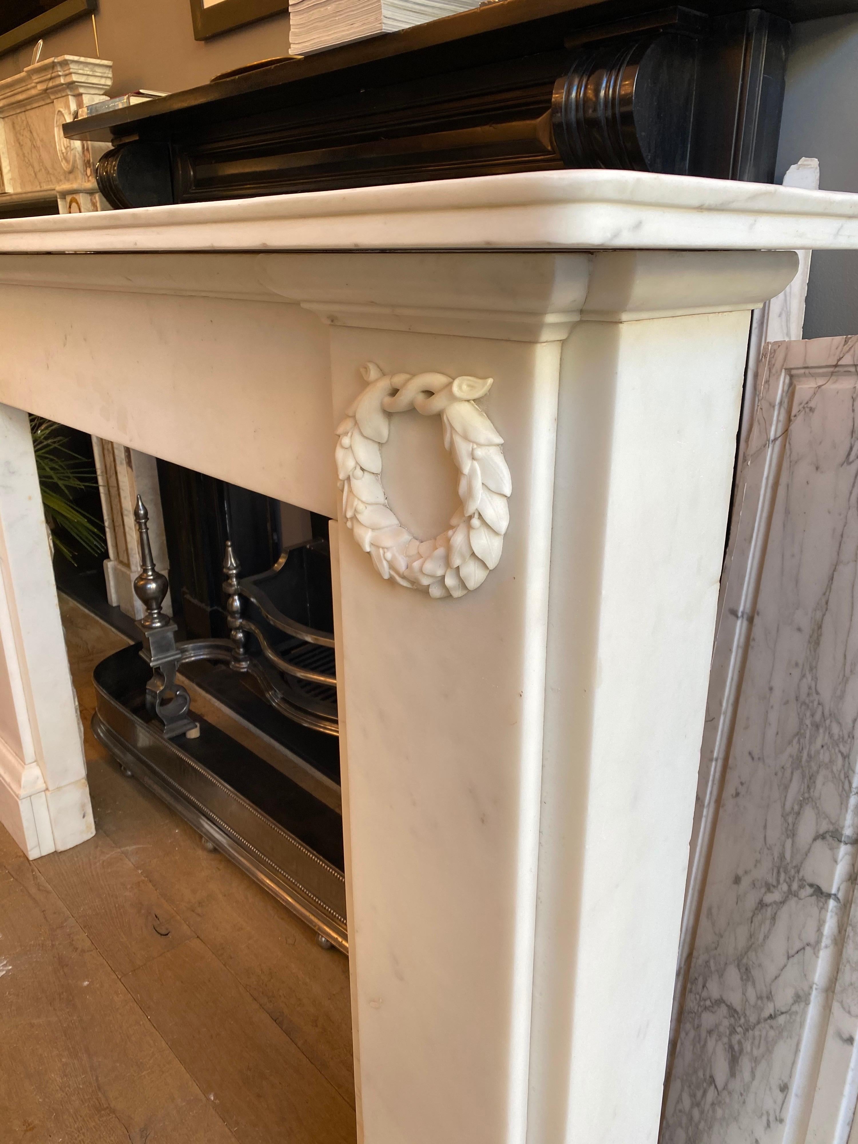 English Antique Regency Statuary White Marble Fireplace Mantel For Sale