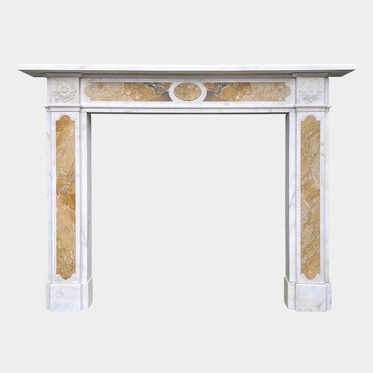 Hand-Carved Antique Regency Style Statuary and Siena Marble Fireplace Mantel For Sale