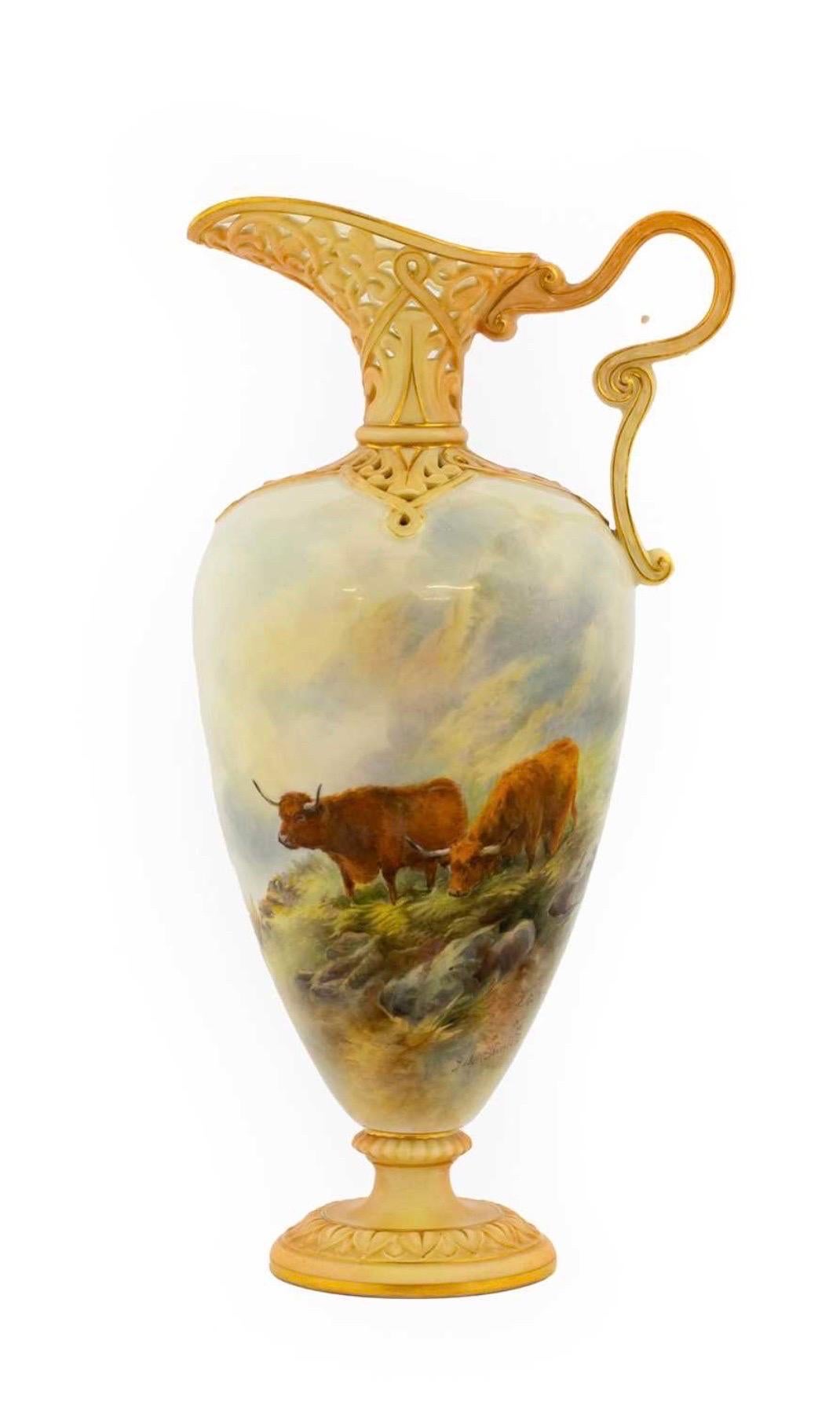 Antique Royal Worcester Porcelain Ewer, Vase by John Stinton For Sale 3