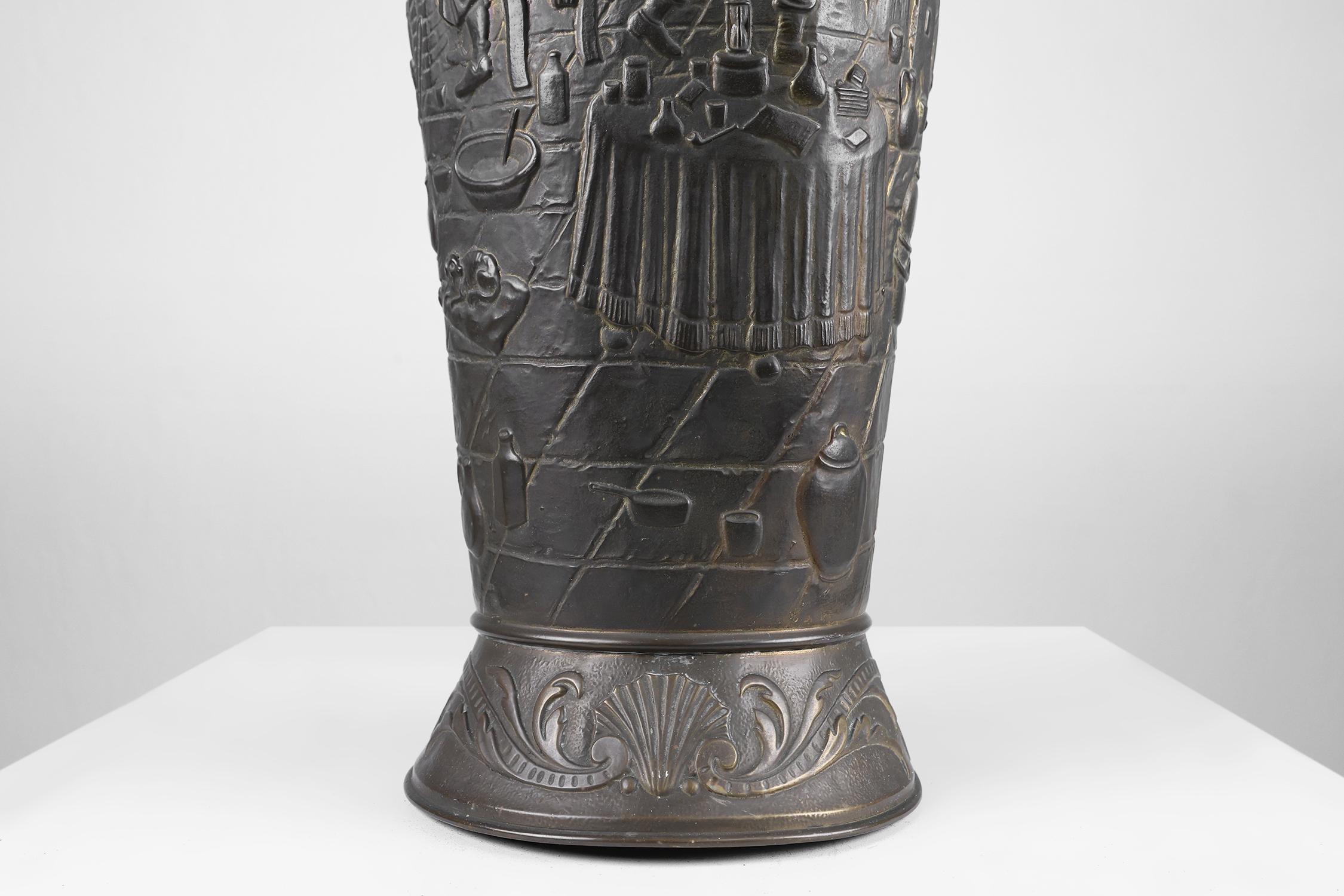 French An antique rustic ornate umbrella stand in copper, France 1900 For Sale