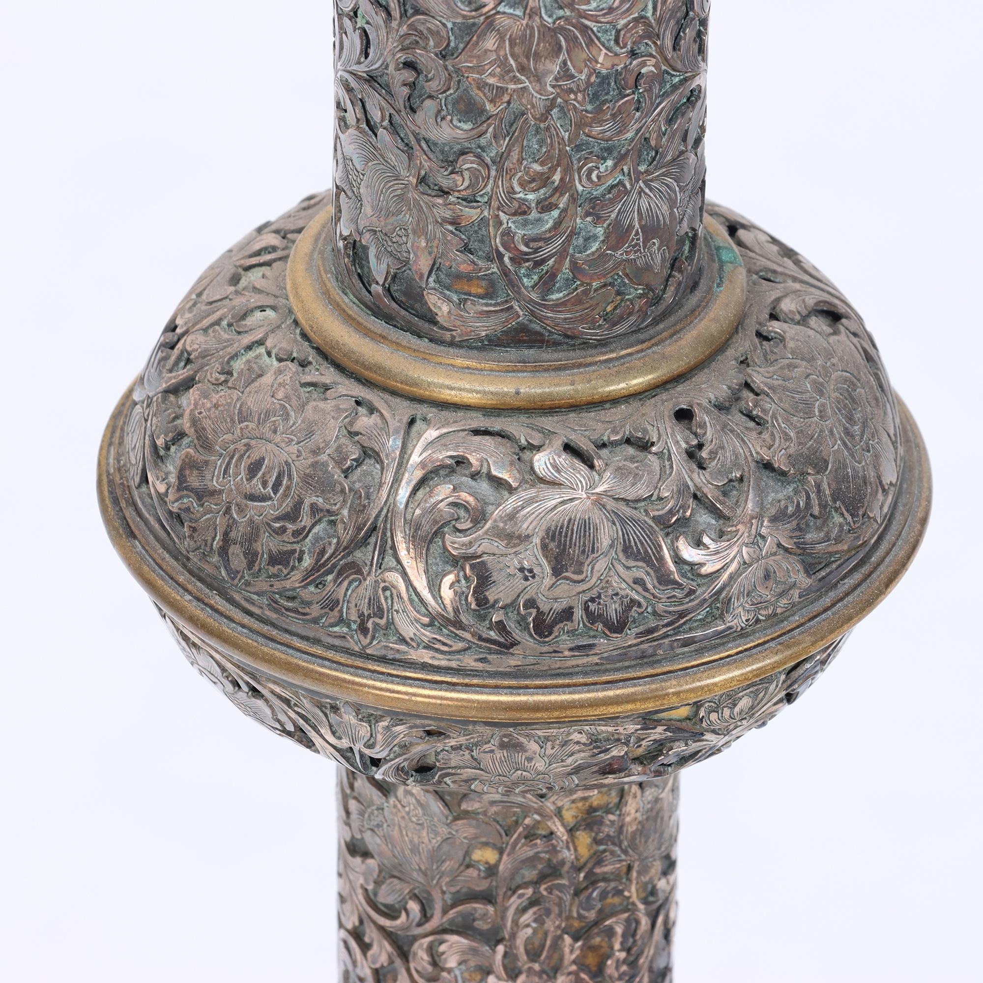 Americano An Antique Silver and Bronze Floor Lamp by E.F. Caldwell, early 20th C. in vendita