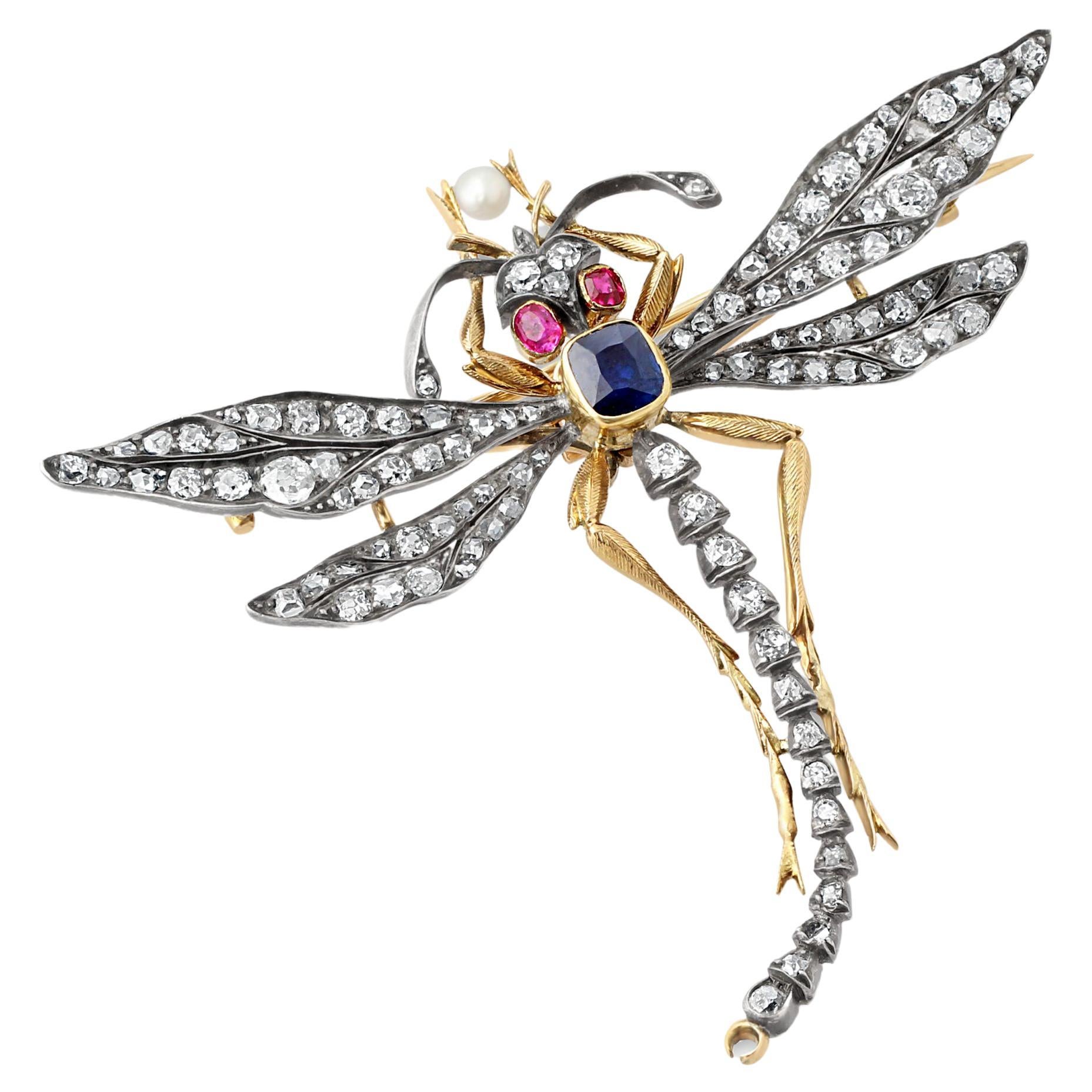 Antique Diamond and Gem Set Dragonfly Brooch with Opal Wings For Sale