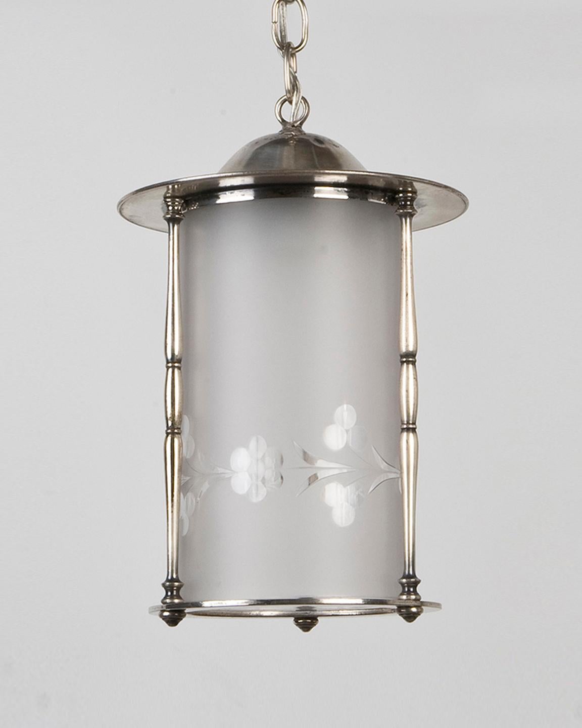 Edwardian Silver Plate Lantern with Frosted Glass Cylinder with Wheel Cut Foliate Detail