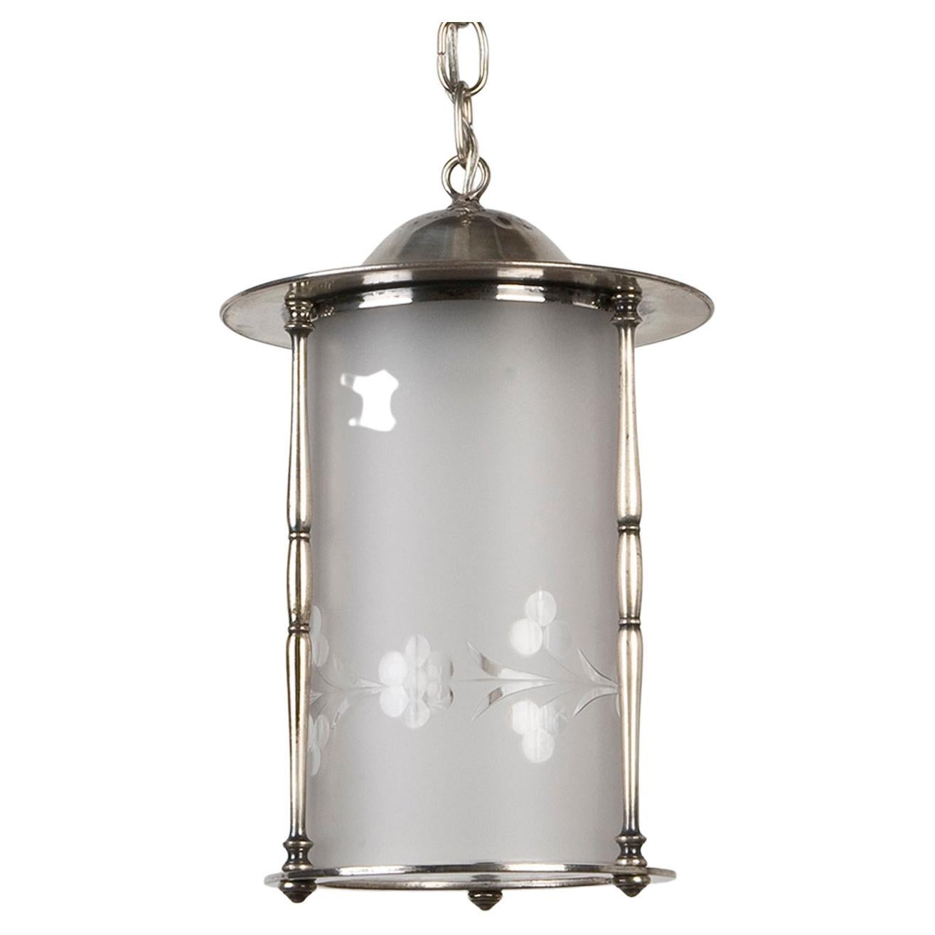 Silver Plate Lantern with Frosted Glass Cylinder with Wheel Cut Foliate Detail