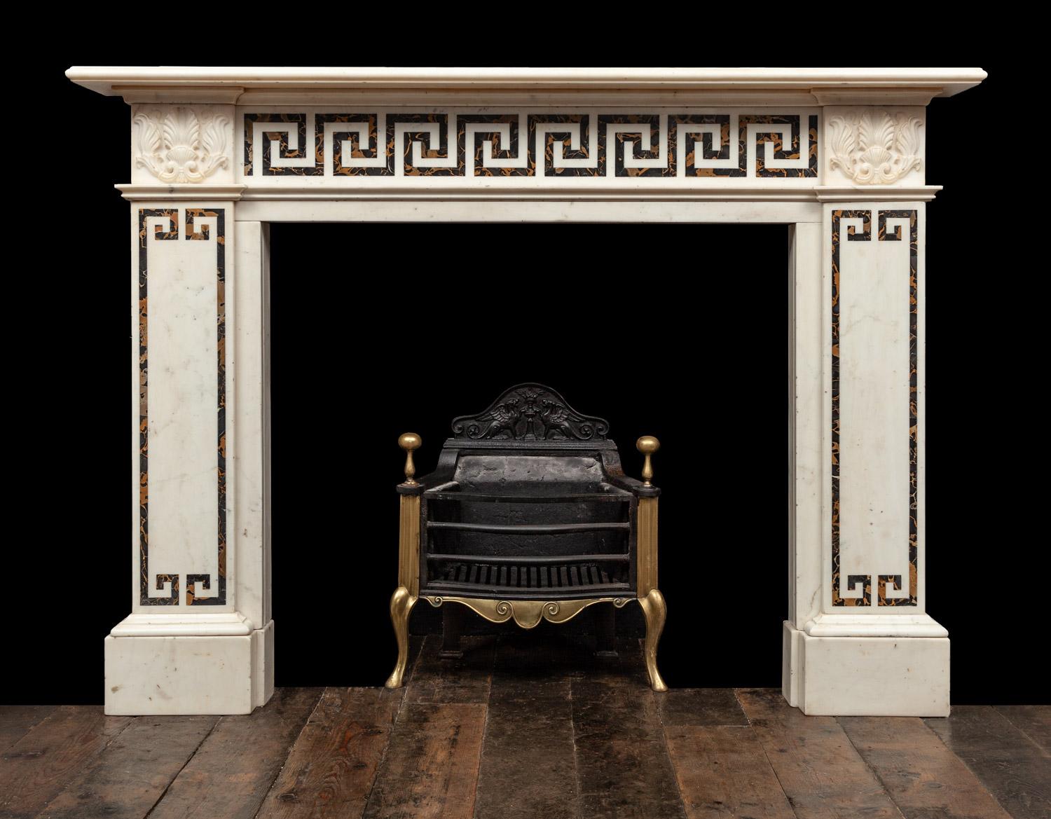 Greek Revival Antique Statuary and Portoro Marble Fireplace in the Regency Style For Sale