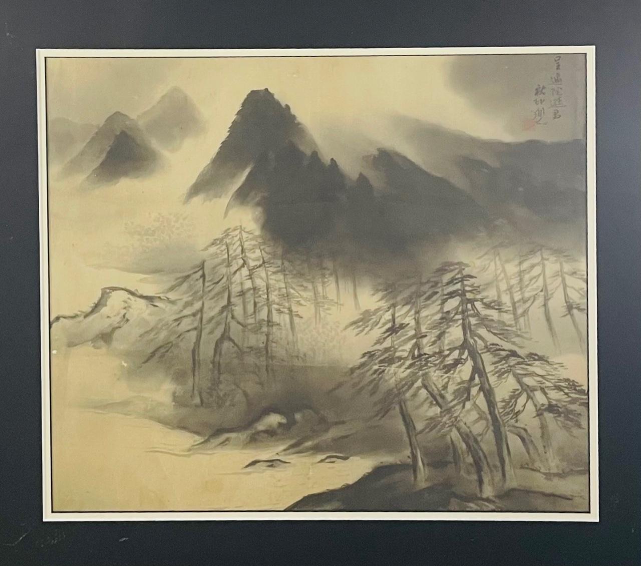 An antique Sumi ink ( Sumi-e) Japanese painting featuring a landscape scene of mountains and beautifully made on silk. The painting is matted and framed.

The Japanese term “sumi” means “black ink”, “e” means “painting”. It indicates one of the