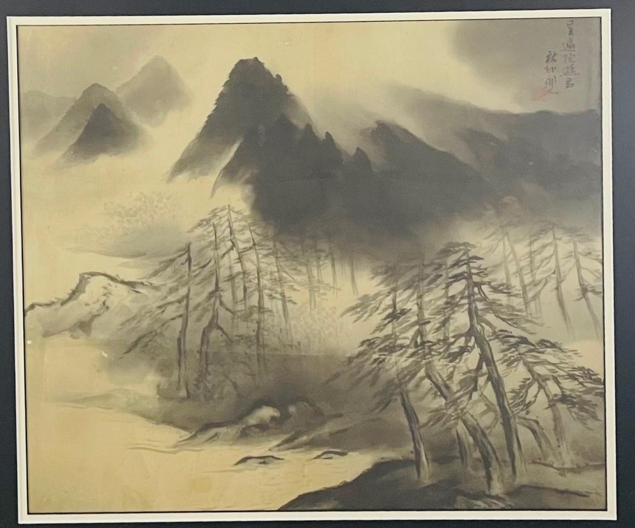 Japonisme Antique Sumi Ink Japanese Painting on Silk, Framed 