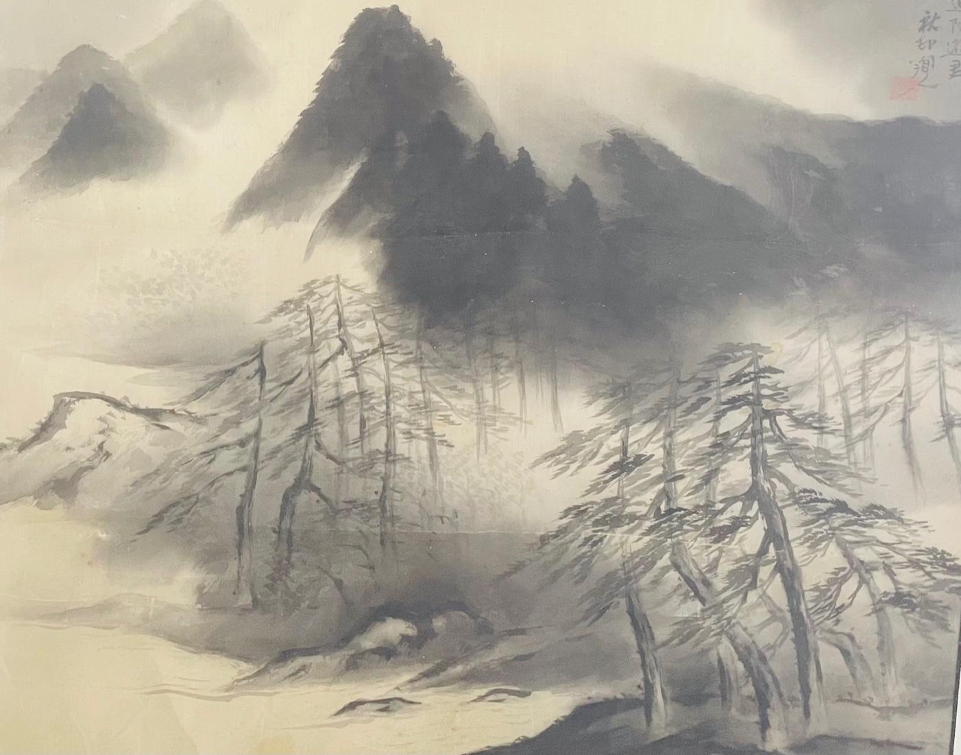 Antique Sumi Ink Japanese Painting on Silk, Framed  4