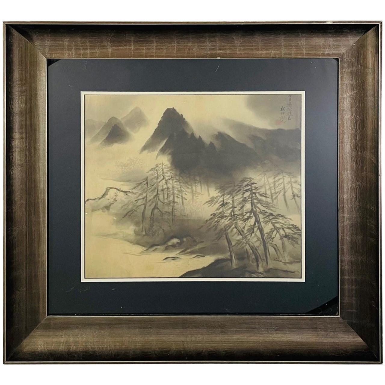 Antique Sumi Ink Japanese Painting on Silk, Framed 
