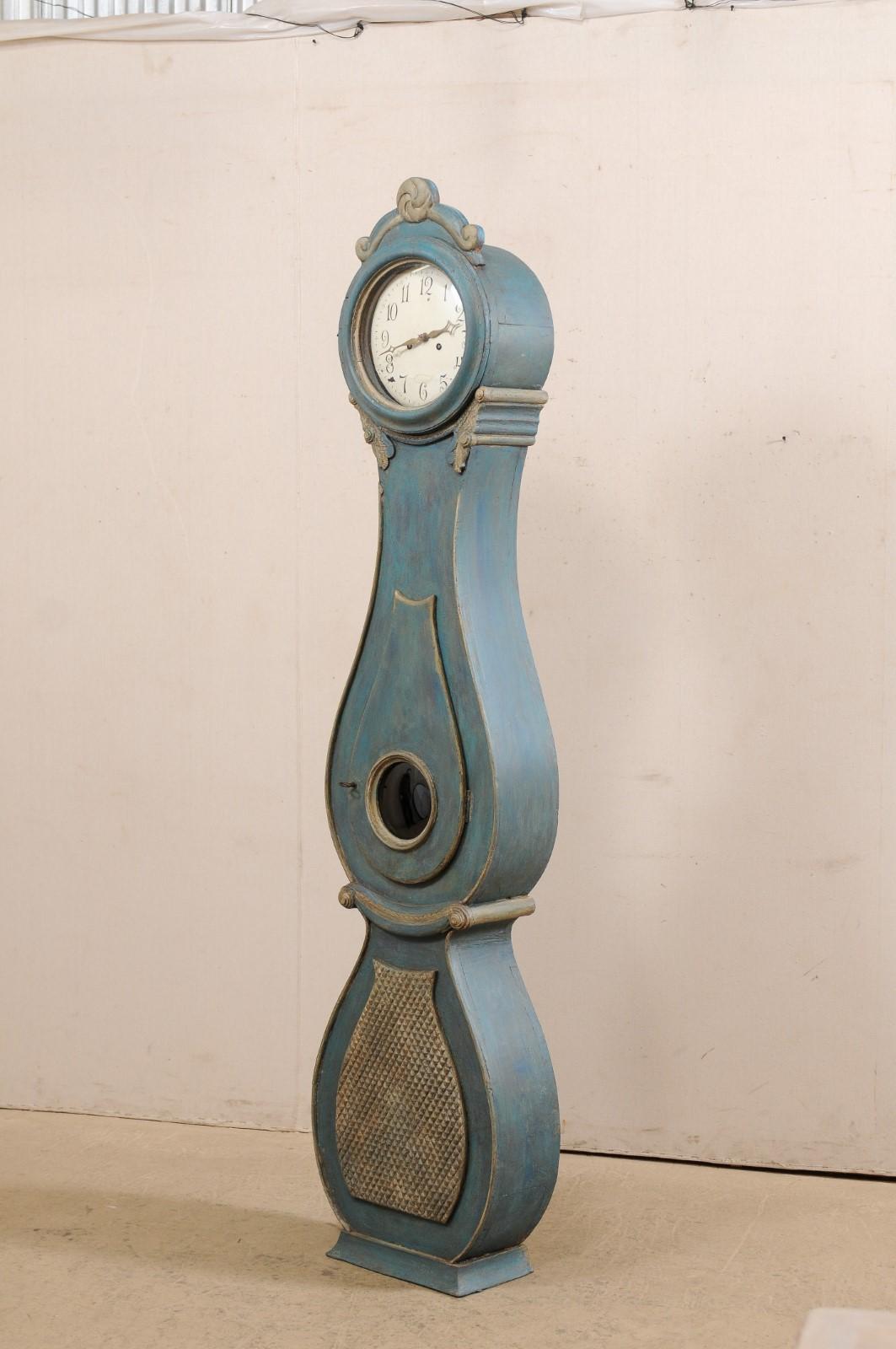 19th Century Antique Swedish Fryksdahl Floor Clock in Blue Hues with Original Metal Face