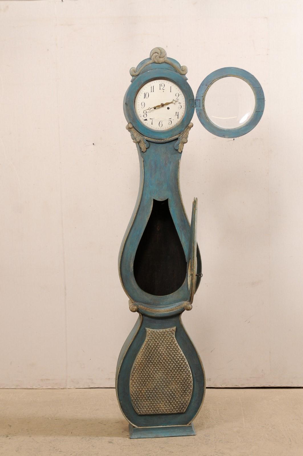 Wood Antique Swedish Fryksdahl Floor Clock in Blue Hues with Original Metal Face