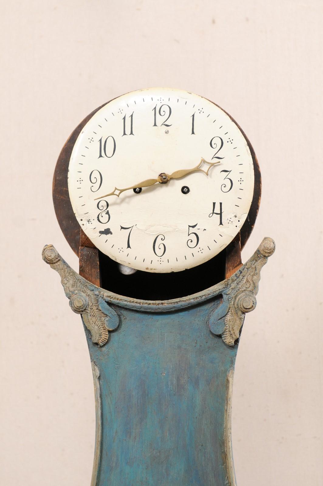 Antique Swedish Fryksdahl Floor Clock in Blue Hues with Original Metal Face 2