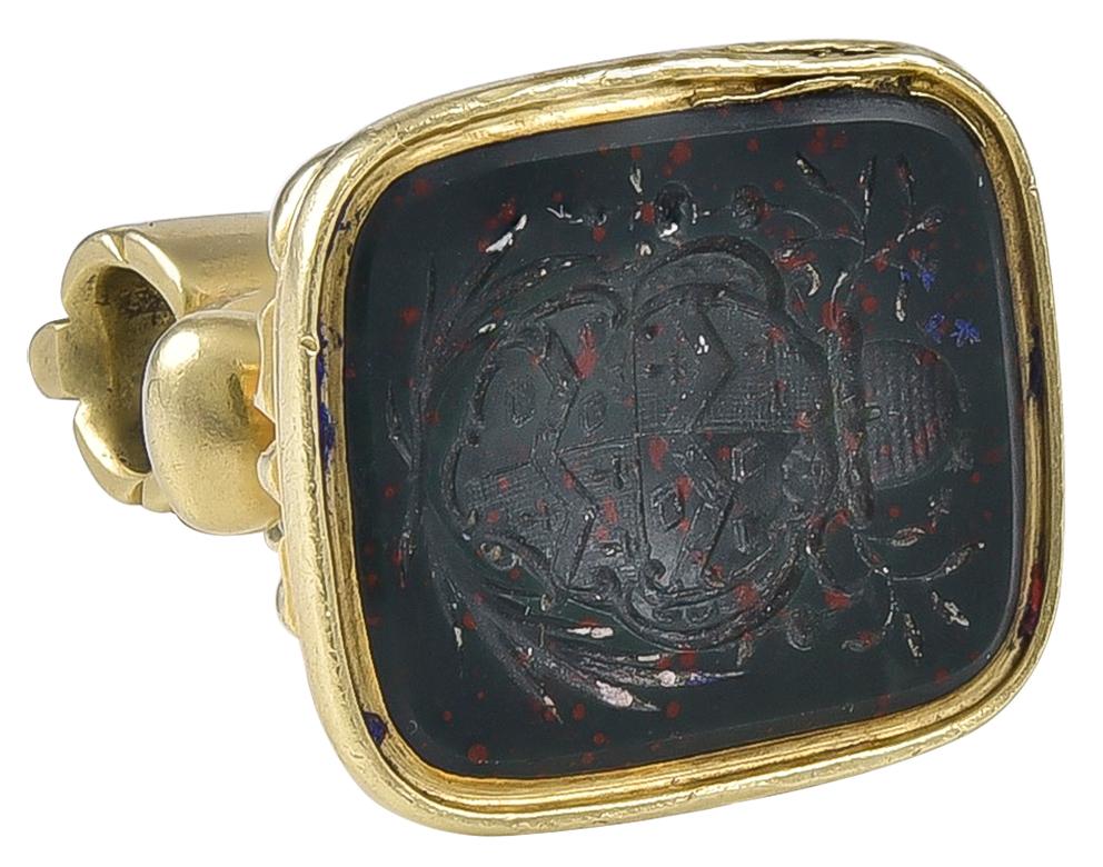 Antique Victorian 18 Karat Gold and Bloodstone Intaglio Fob Seal In Good Condition For Sale In London, GB
