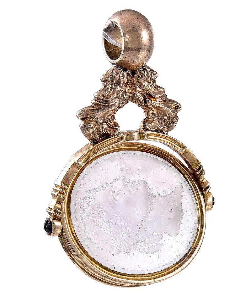 The foliate support holding a White Agate engraved with a fine portrait of Julius Caesar wearing the Laurel Wreath Crown and on the reverse are entwined initials supporting an English Crown with a Unicorns Head emerging. The Gold work and Intaglio