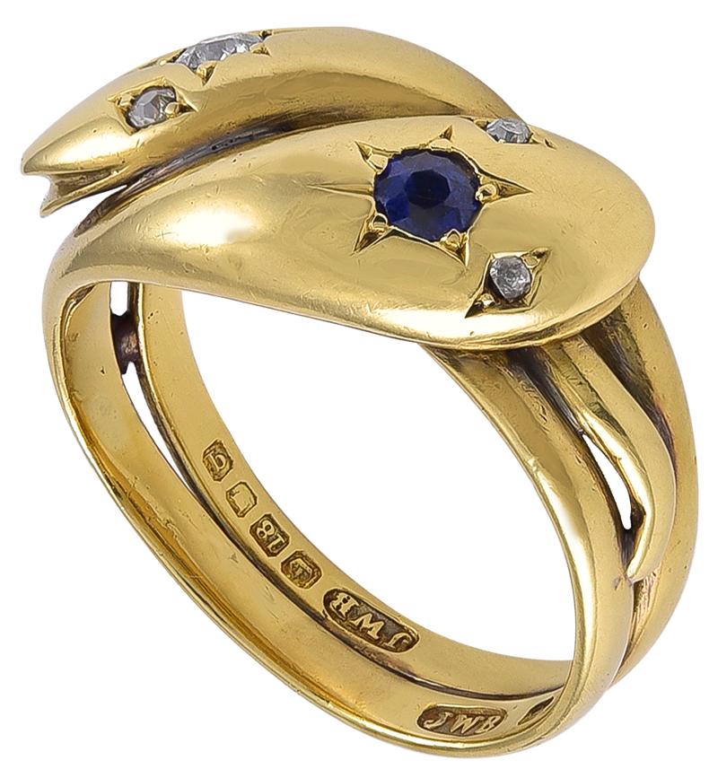 Women's or Men's Antique Victorian 18 Karat Gold, Sapphire and Diamond Double Headed Snake Ring For Sale