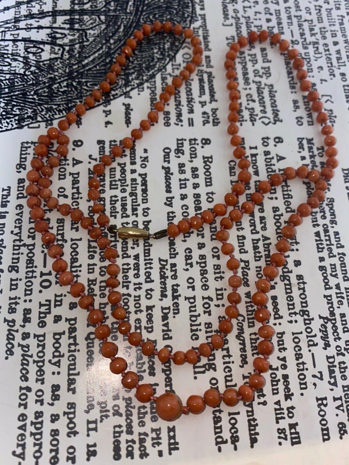 This lovely piece dates from late Victorian era 
and is quite typical for that period, 
but will never go out of style 

Featuring 160 Natural Coral Beads, 
graduated with the largest being 6-7mm in diameter, 
well-matched, 
of gorgeous orangy-red
