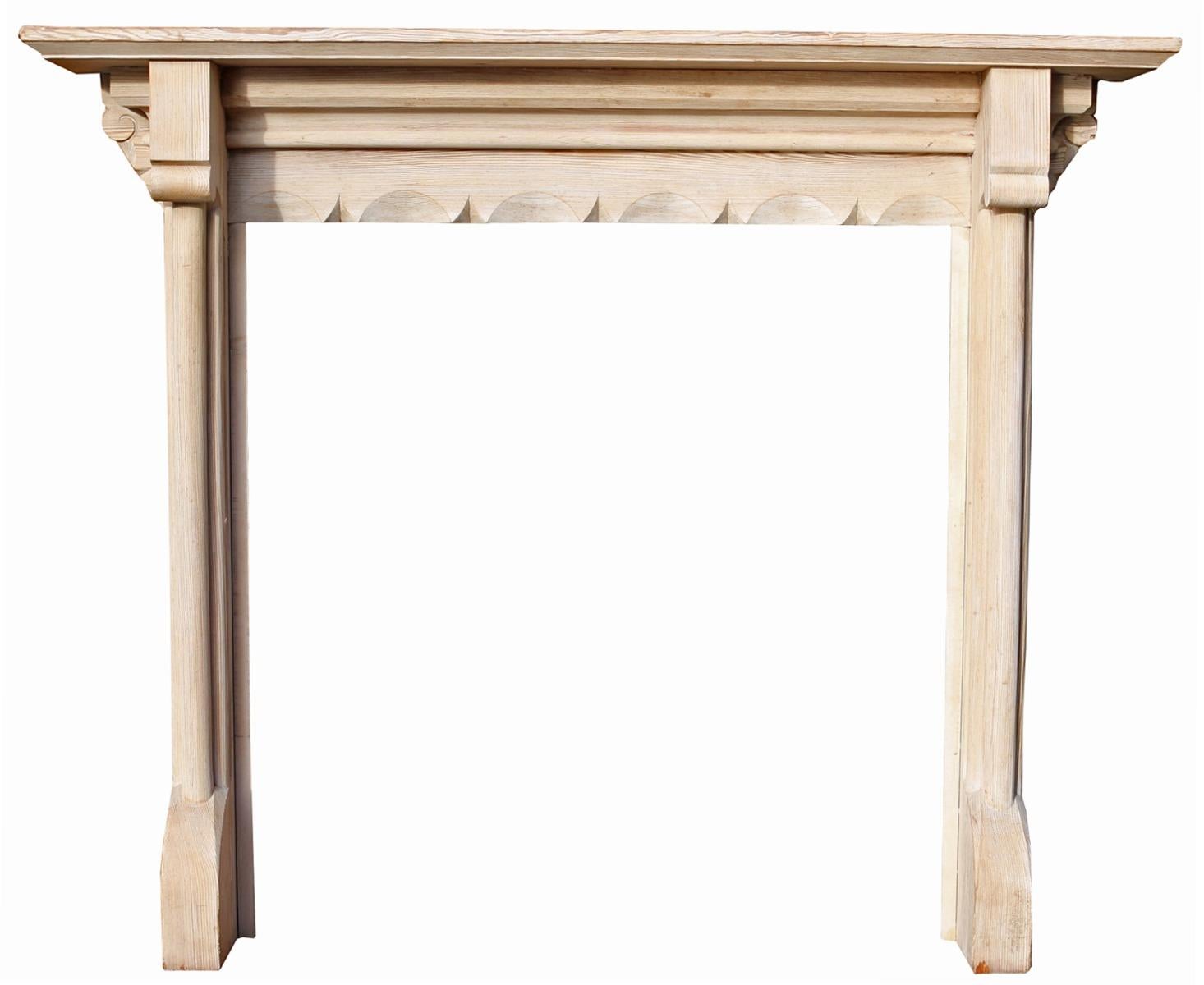 This beautiful carved pine fire surround is made from a very dense, good quality pine and has a stripped finish.

Additional Dimensions

Opening Height 120.5 cm (47.44 in)

Opening Width 116.5 cm (45.86 in)

Width between outside of legs 140.5 cm