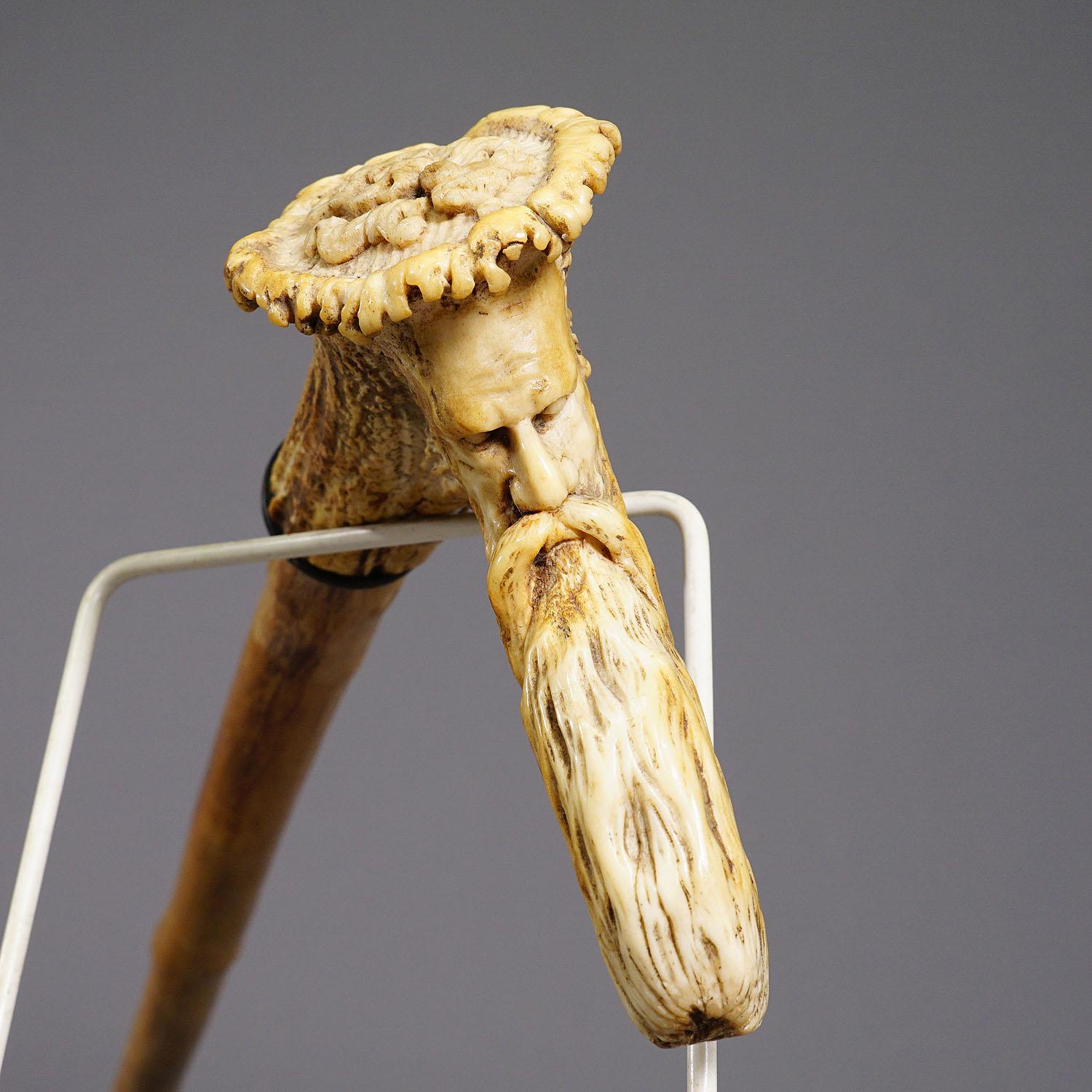 German An Antique Walking Stick with Carved Deer Antler Handle For Sale