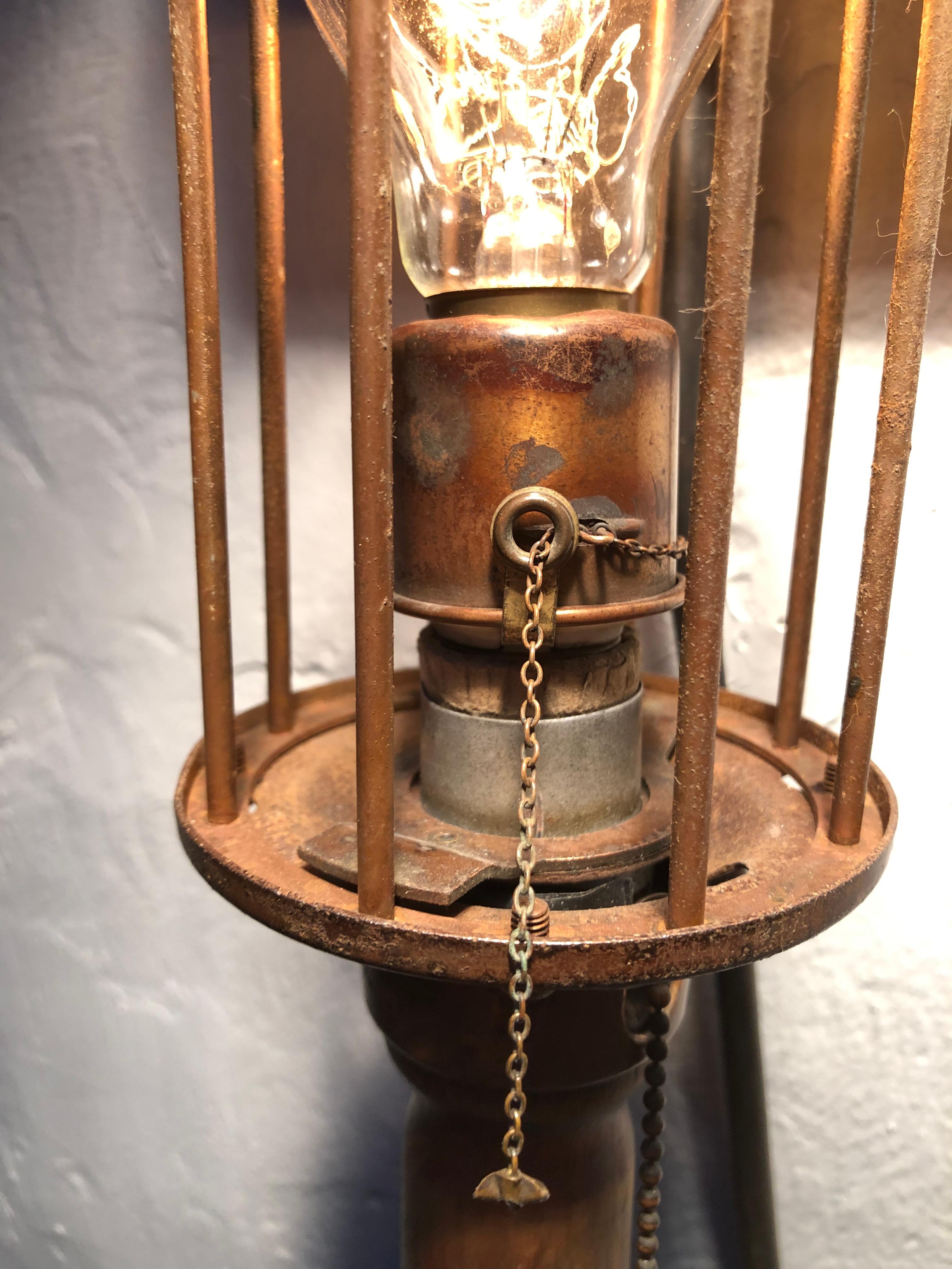 Antique Wall Mounted Reel Caged Industrial Lamp For Sale 1