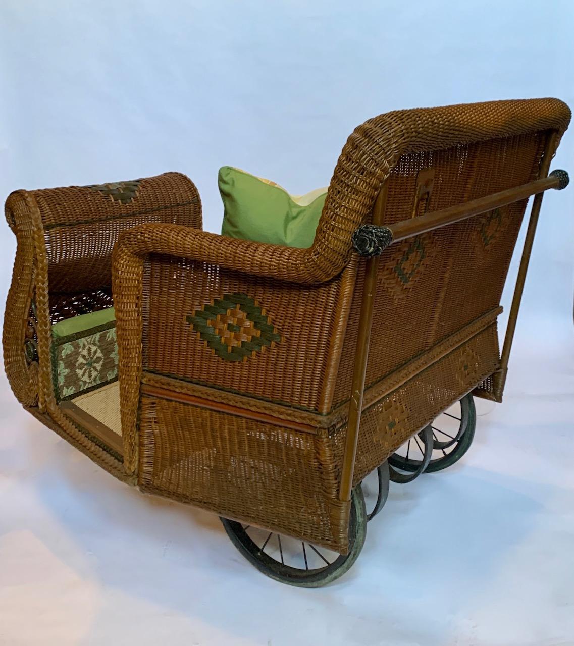 Edwardian Antique Natural Wicker Estate Cart / Rolling Boardwalk Cart