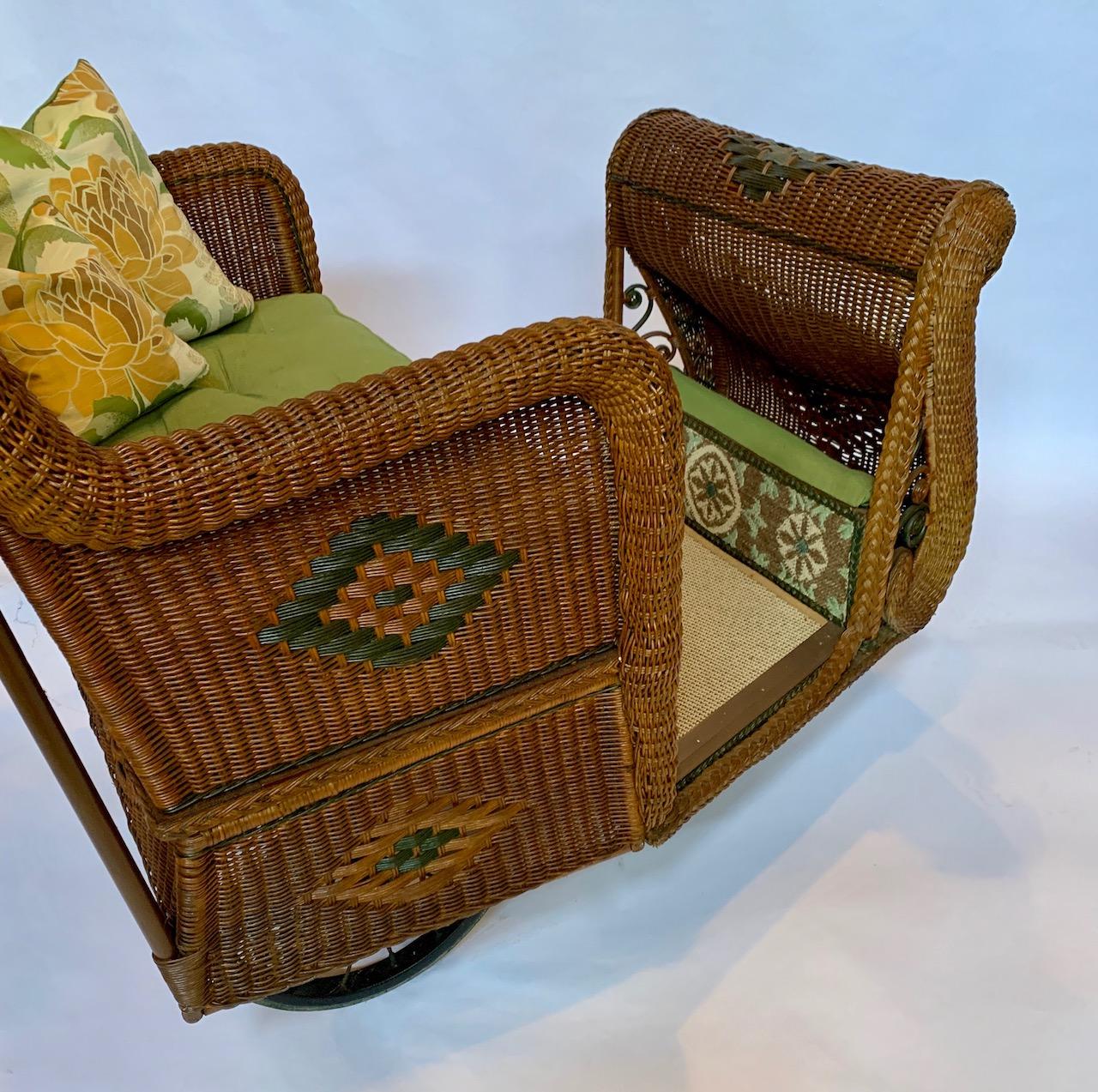 Hand-Woven Antique Natural Wicker Estate Cart / Rolling Boardwalk Cart