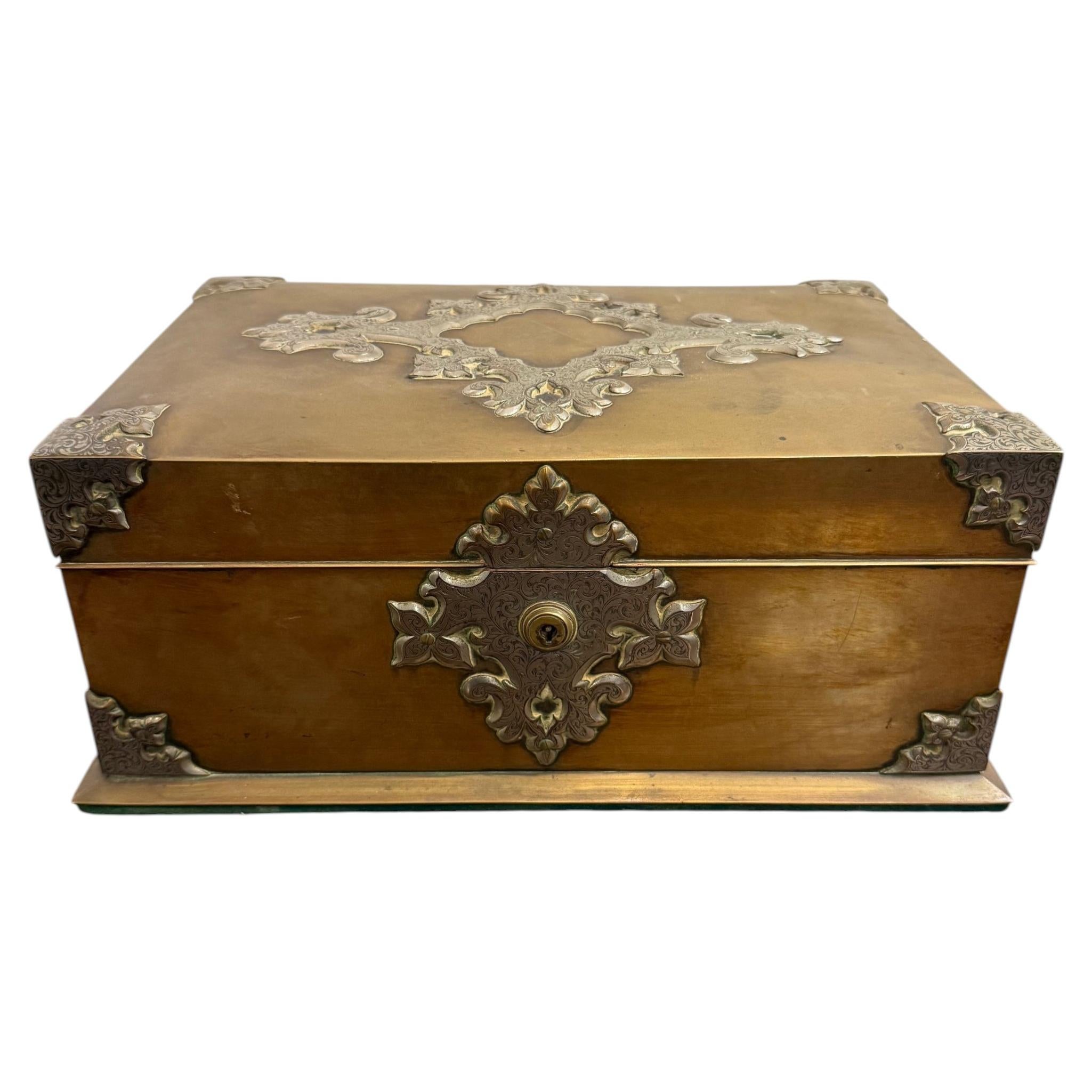 An Antique Wooden Lidded Box with Brass Mounts, 19th Century