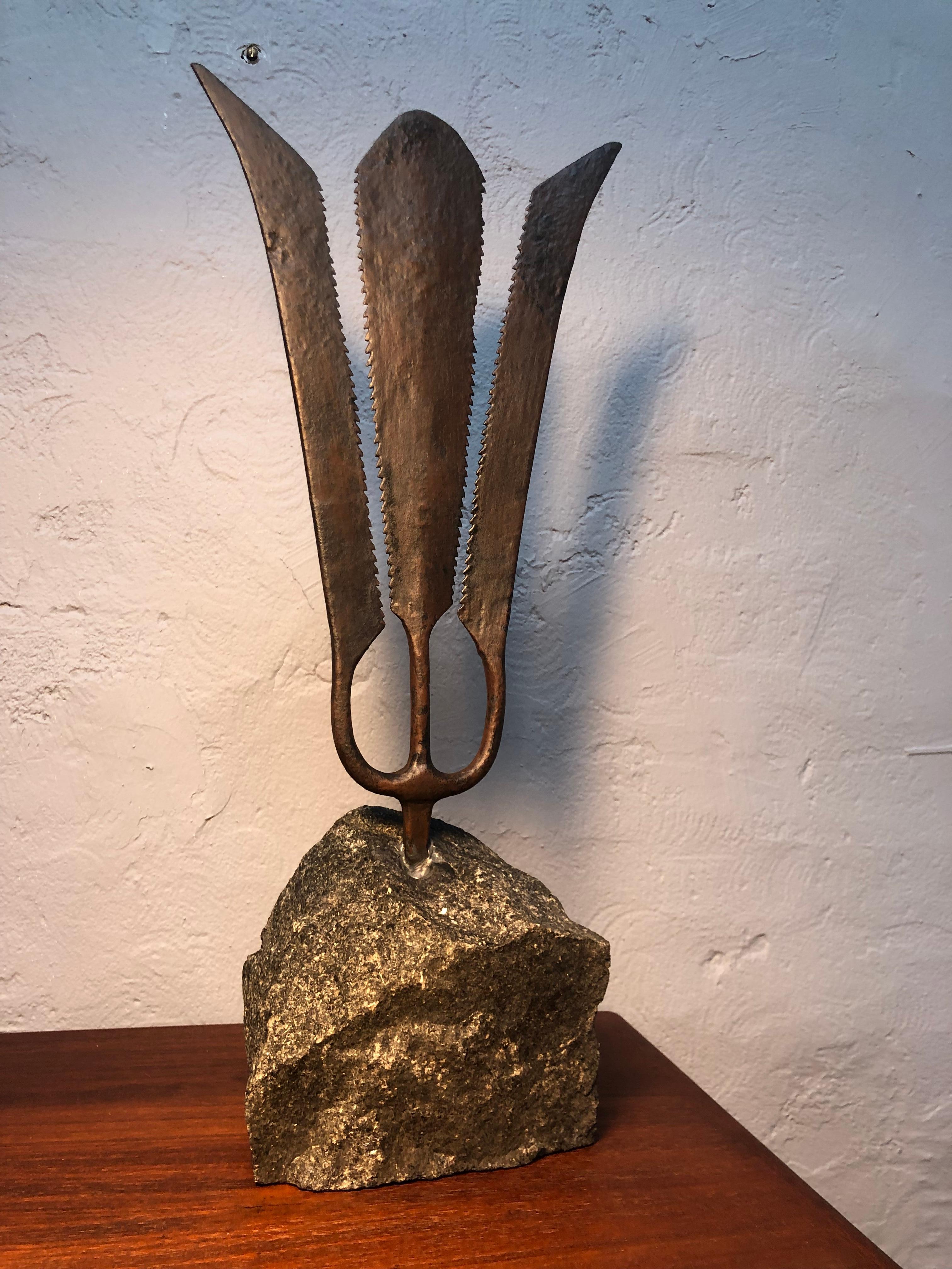 Antique Wrought Iron Eel Fork Mounted on to a Basalt Rock For Sale 3