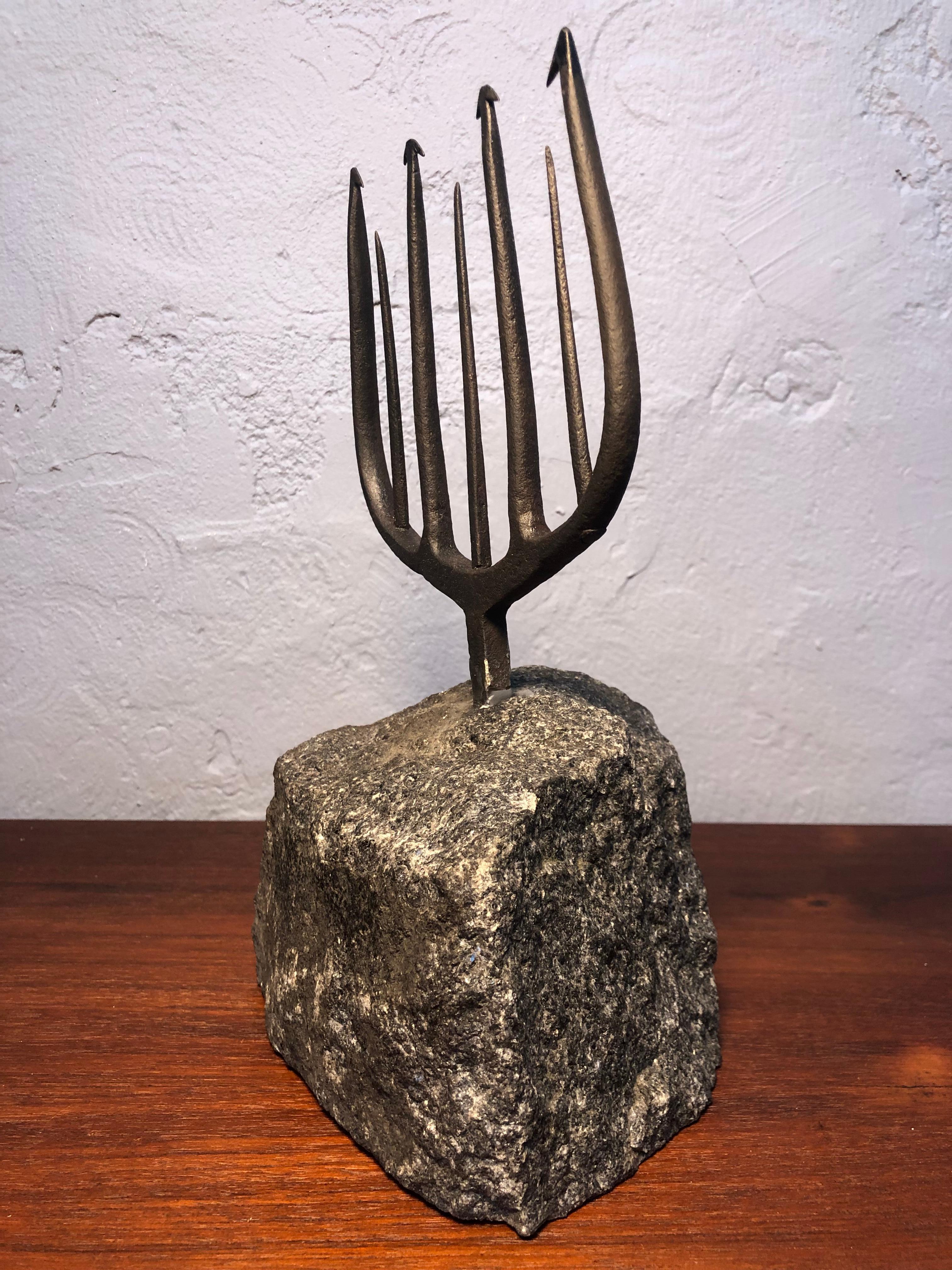 Danish Antique Wrought Iron Eel Fork Mounted on to Basalt Rock For Sale