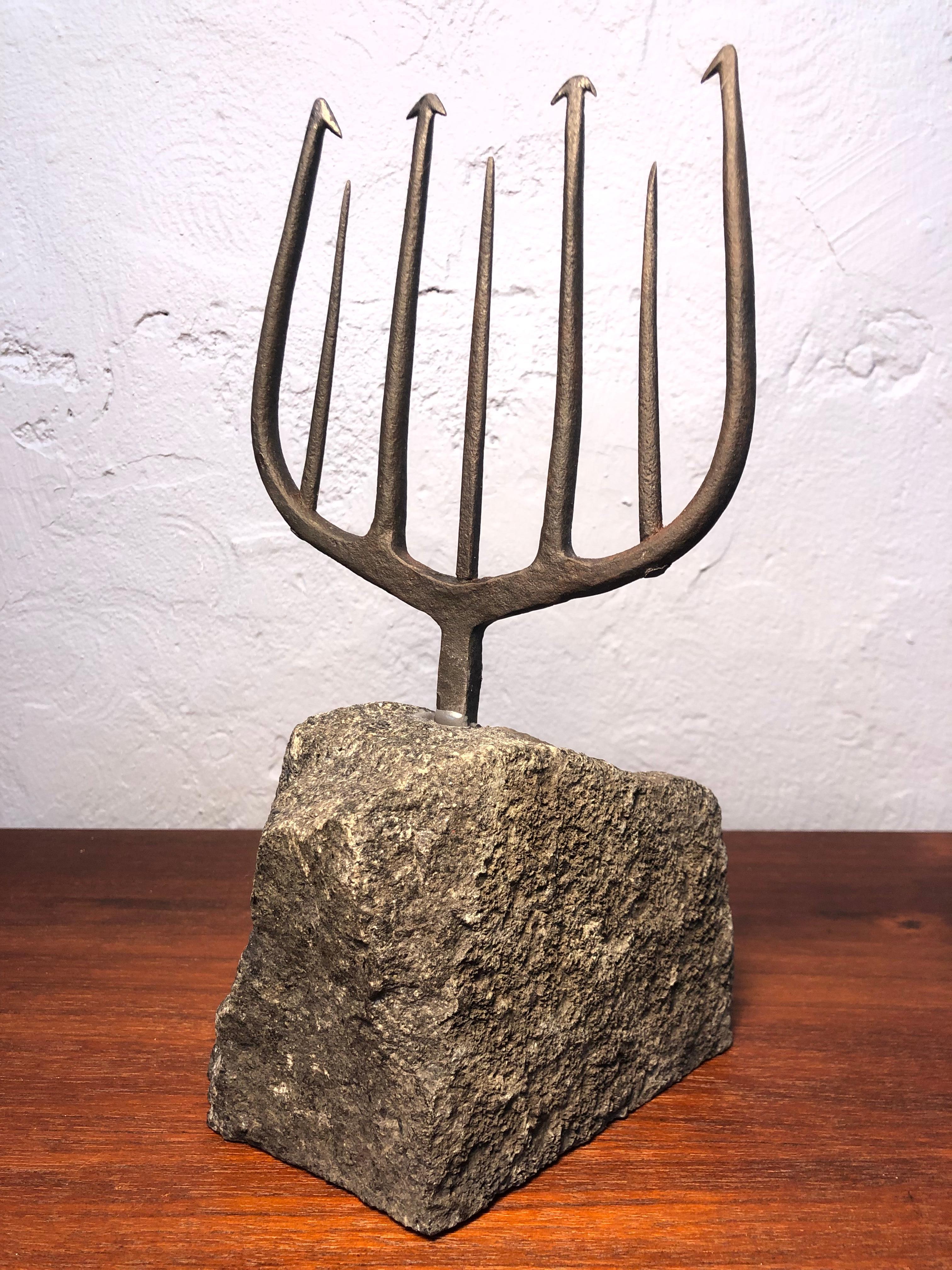 Hand-Crafted Antique Wrought Iron Eel Fork Mounted on to Basalt Rock For Sale