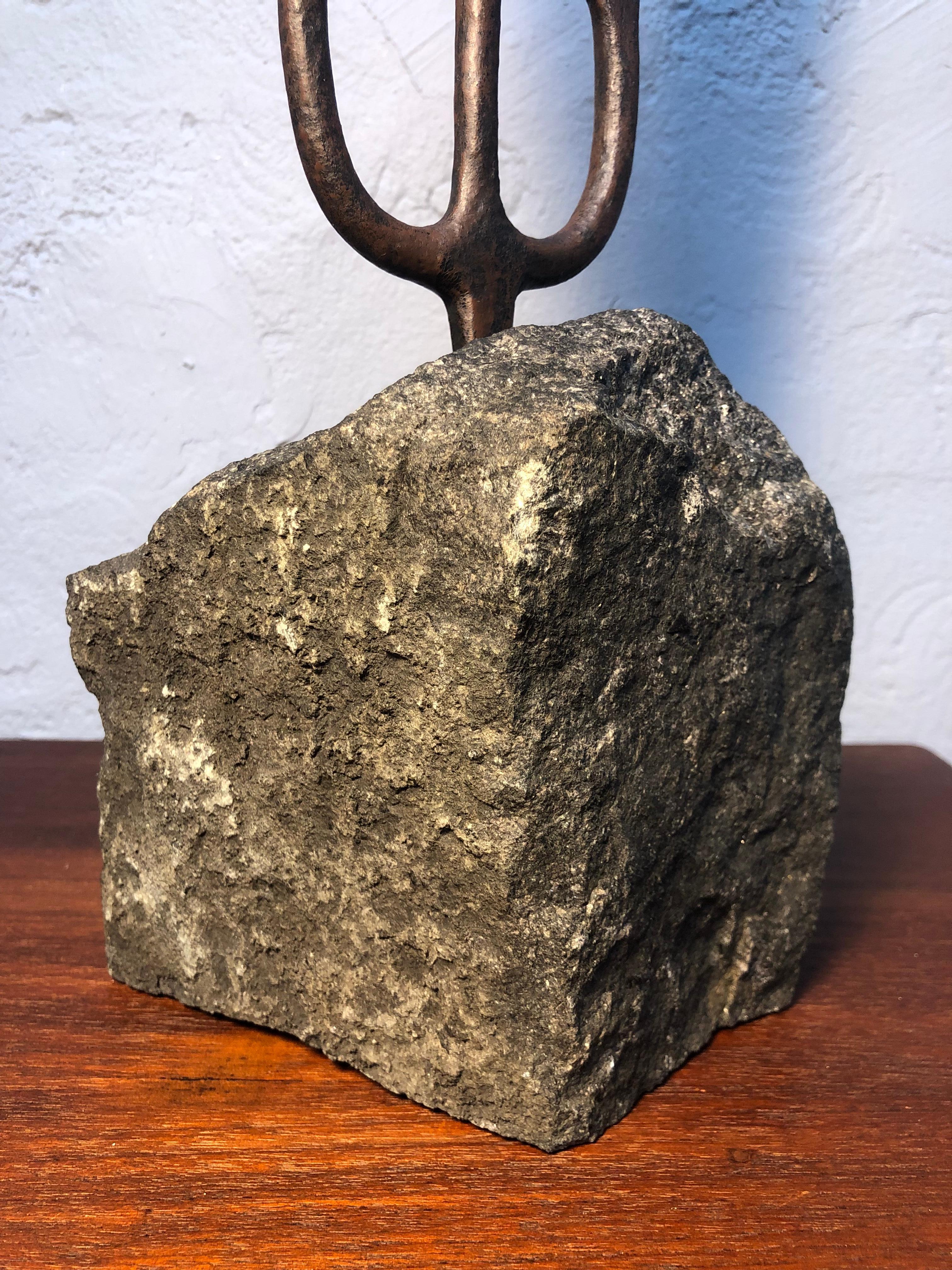 Antique Wrought Iron Eel Fork Mounted on to a Basalt Rock In Good Condition For Sale In Søborg, DK