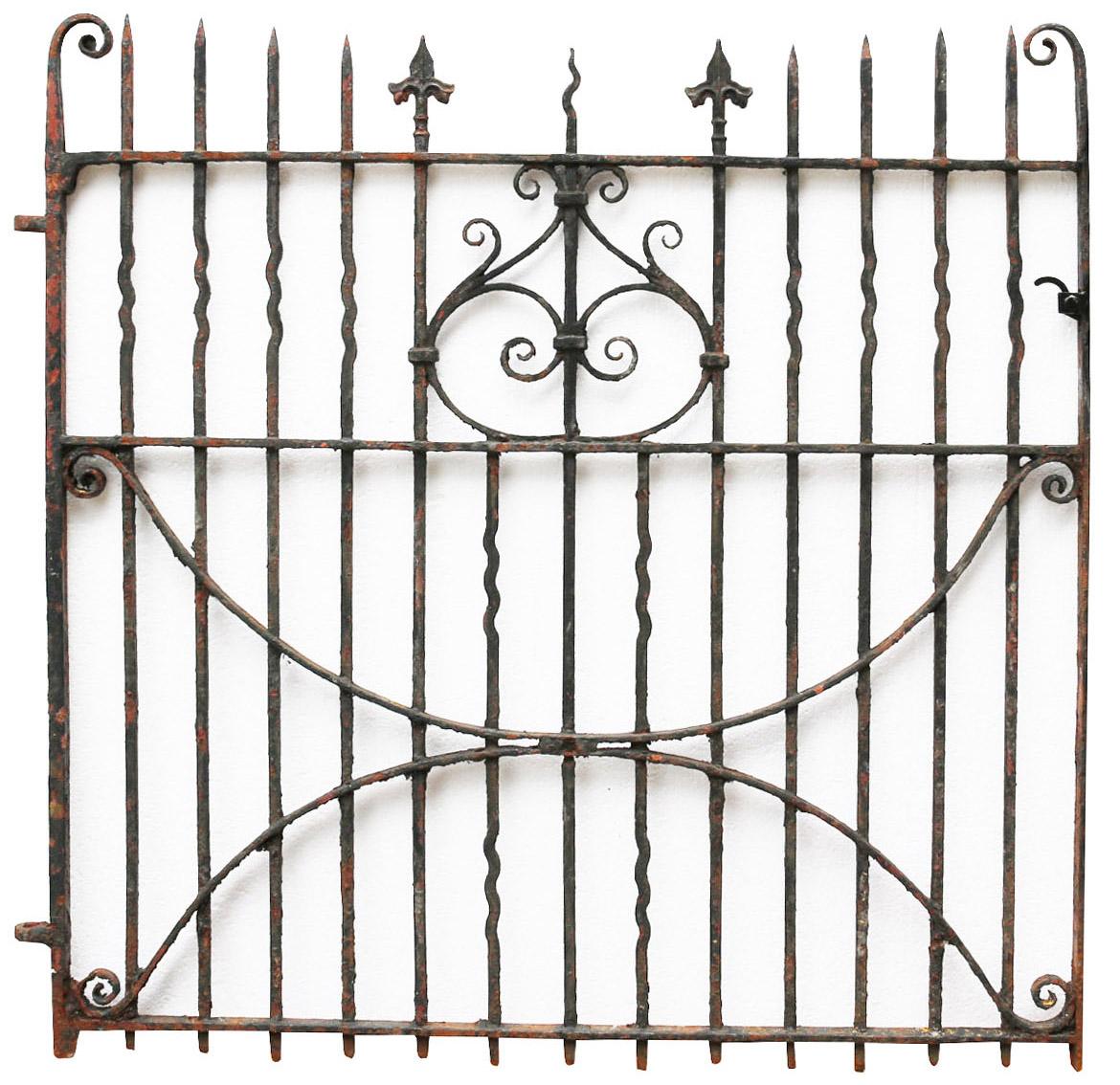 An antique wrought iron garden gate reclaimed from a property near Exeter.

Additional dimensions:

Width of gate 131.5 cm, excluding hinges (for an approximate opening of 129 cm).