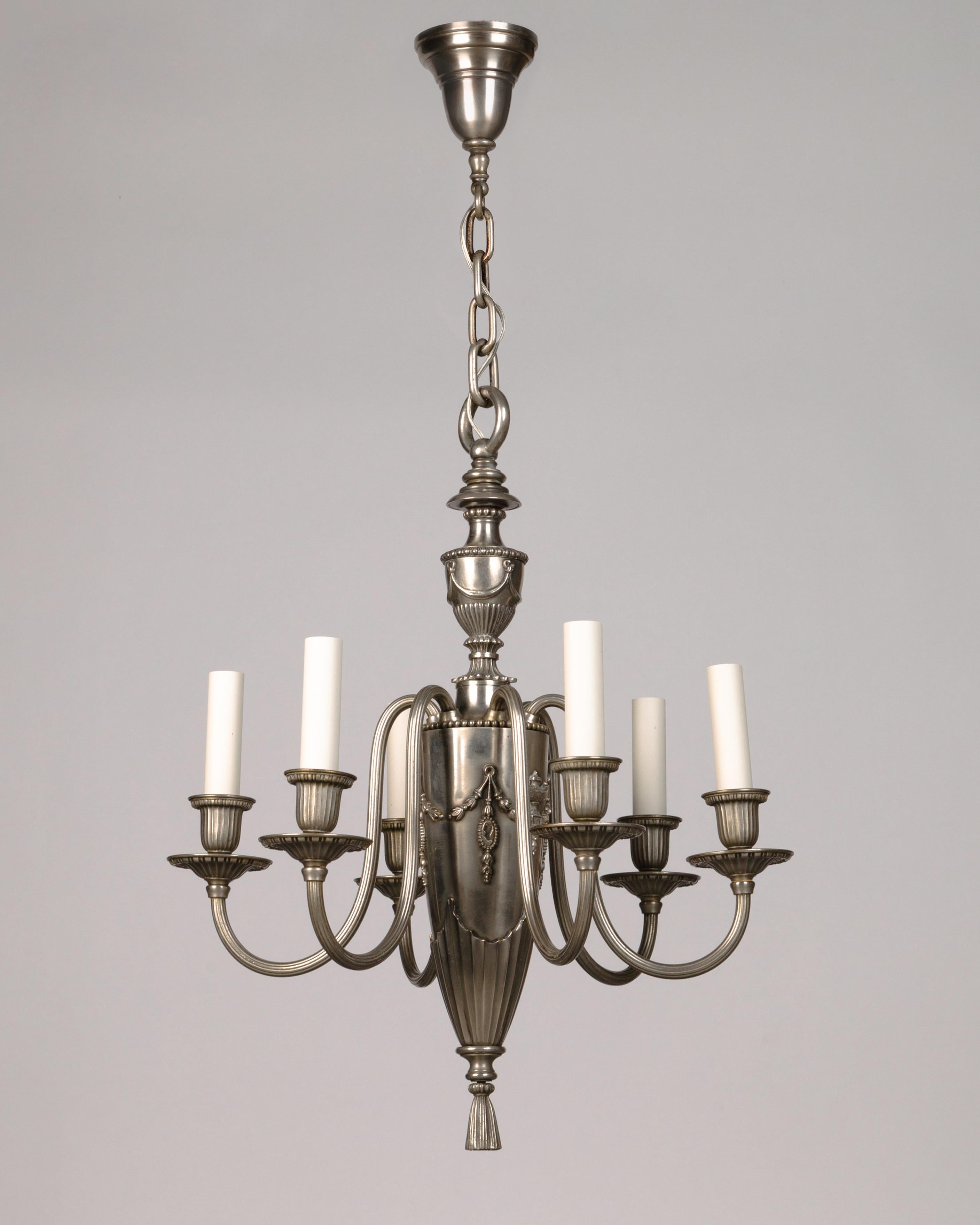 Cast Six Arm Adam Style Chandelier in Antique Nickel by Bradley and Hubbard, c. 1920s For Sale