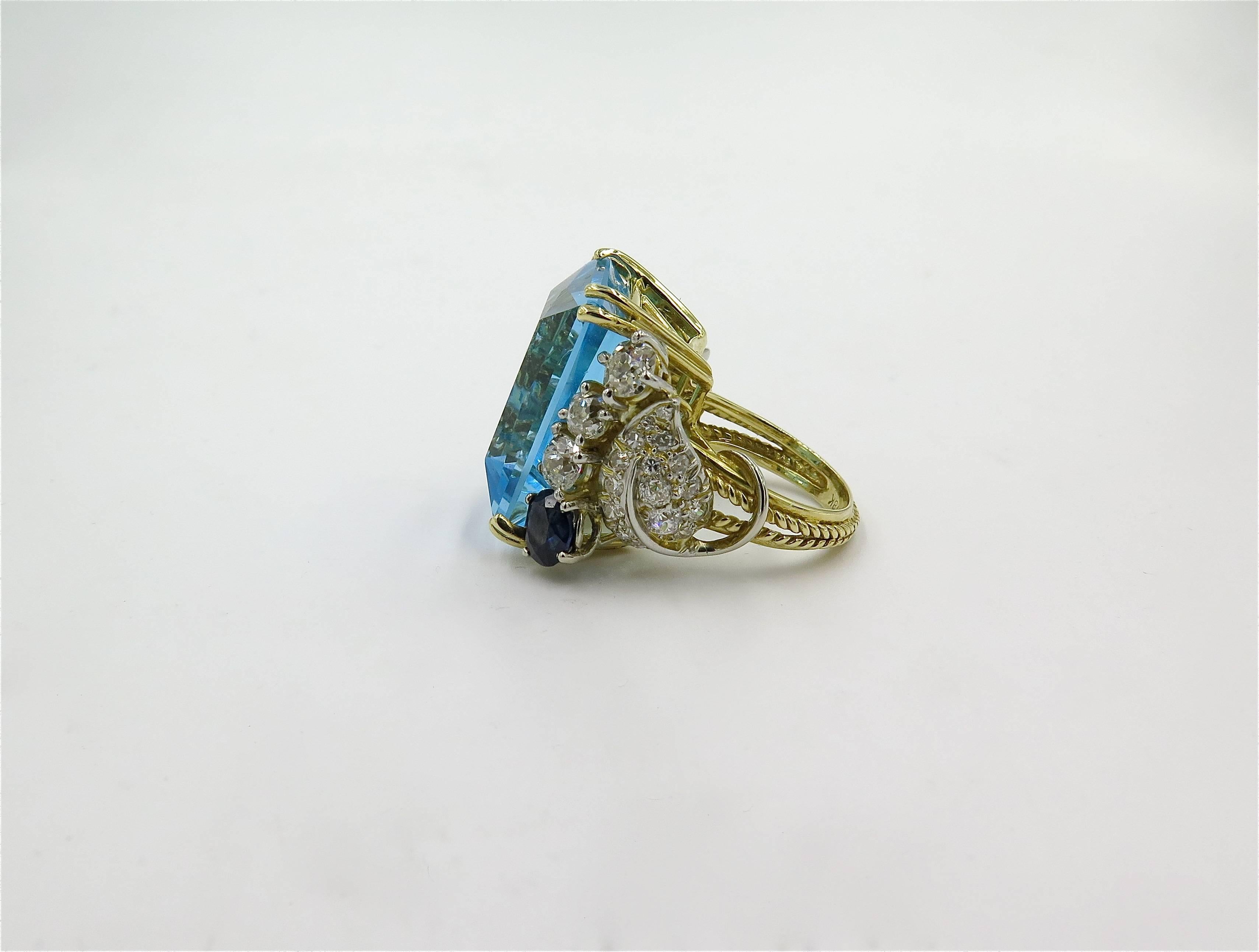 Blue Topaz, Sapphire and Diamond Ring In Excellent Condition In New York, NY