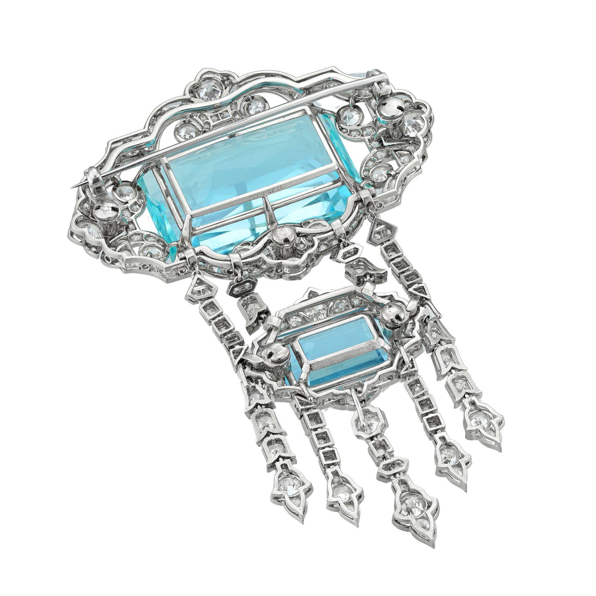 Radiant Cut An aquamarine and diamond brooch by Hennell, 9x6cm, 55.9 grams For Sale
