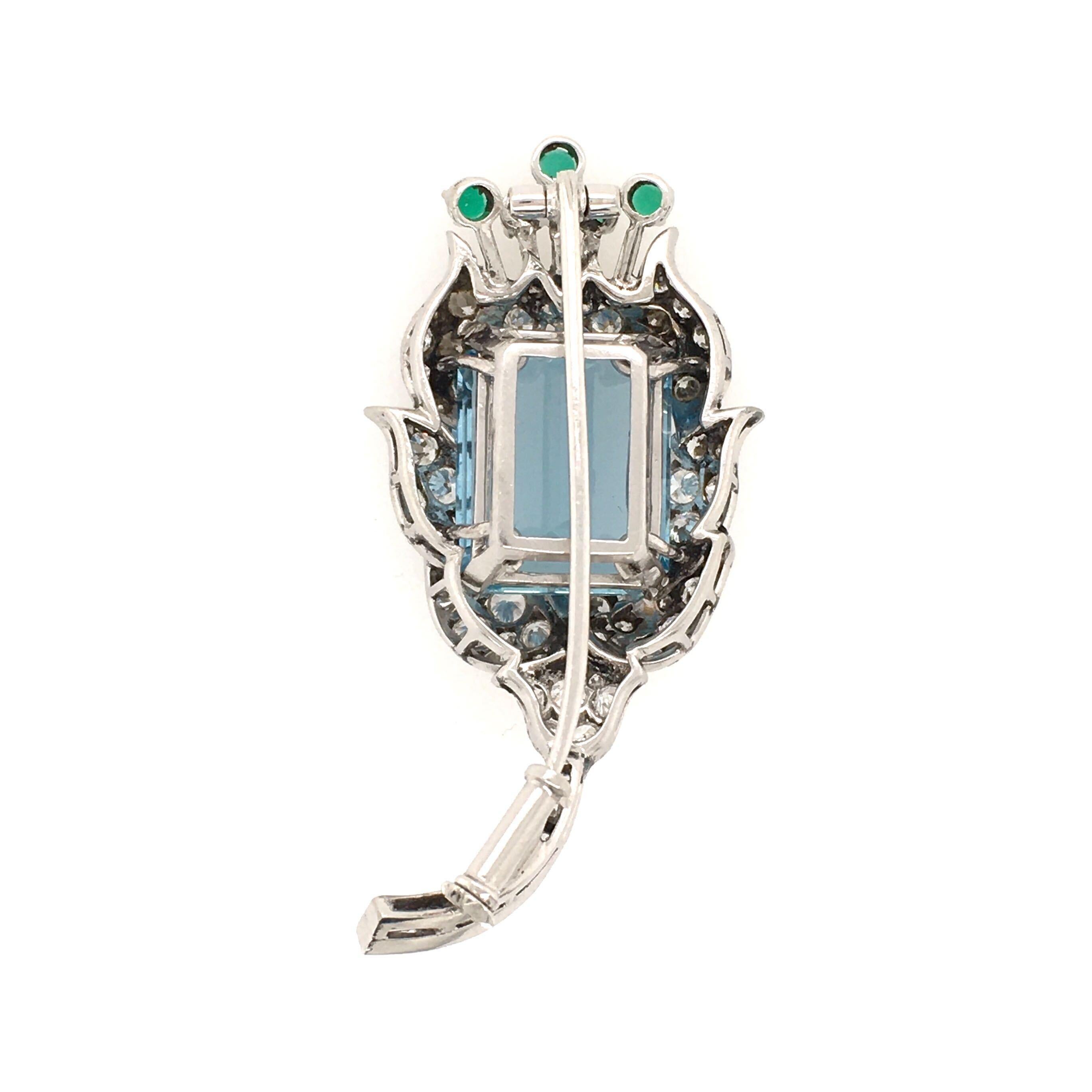 Aquamarine, Diamond and Emerald Flower Brooch In Good Condition In New York, NY