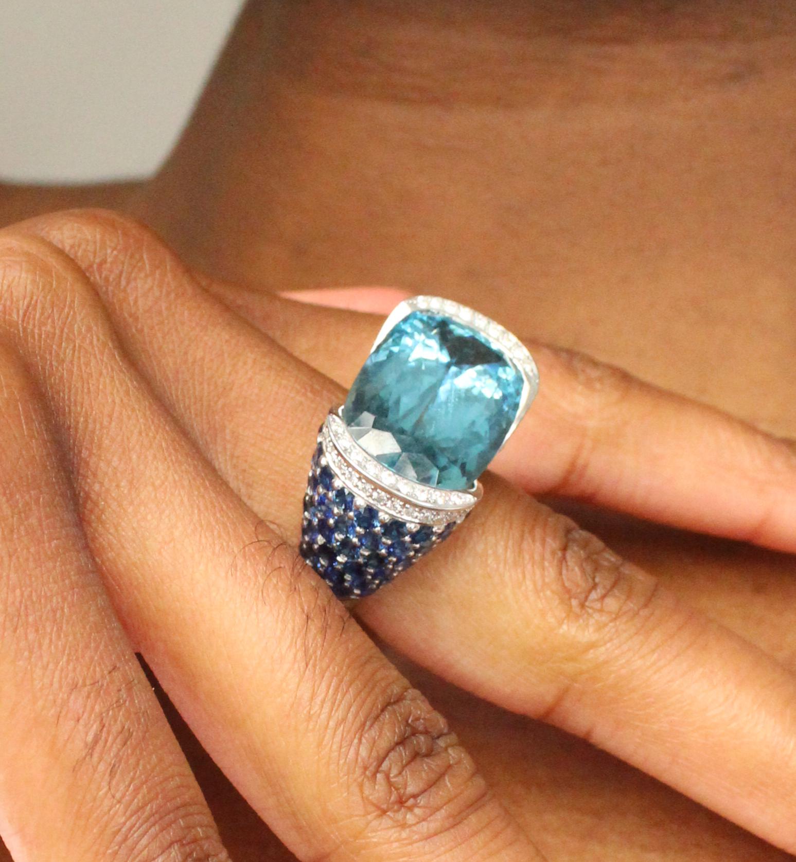 Cushion Cut Aquamarine, Diamond & Sapphire Cocktail Ring