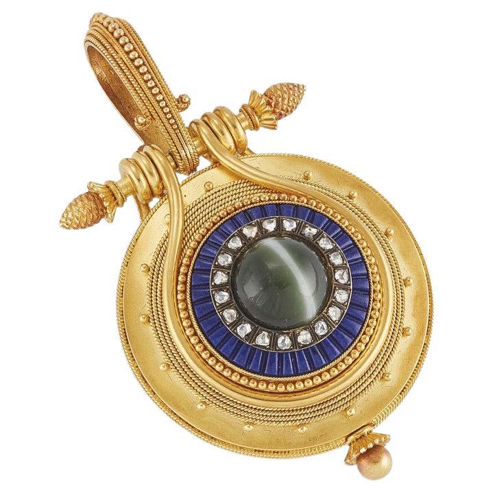 Archaeological Revival Gold And Diamond Pendant attr. Eugene Fontenay Paris 1870 For Sale