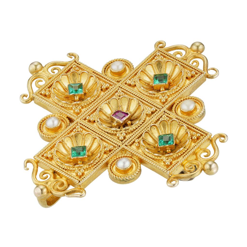 Mixed Cut An Archaeological Revival Gold Cross Brooch/pendant For Sale