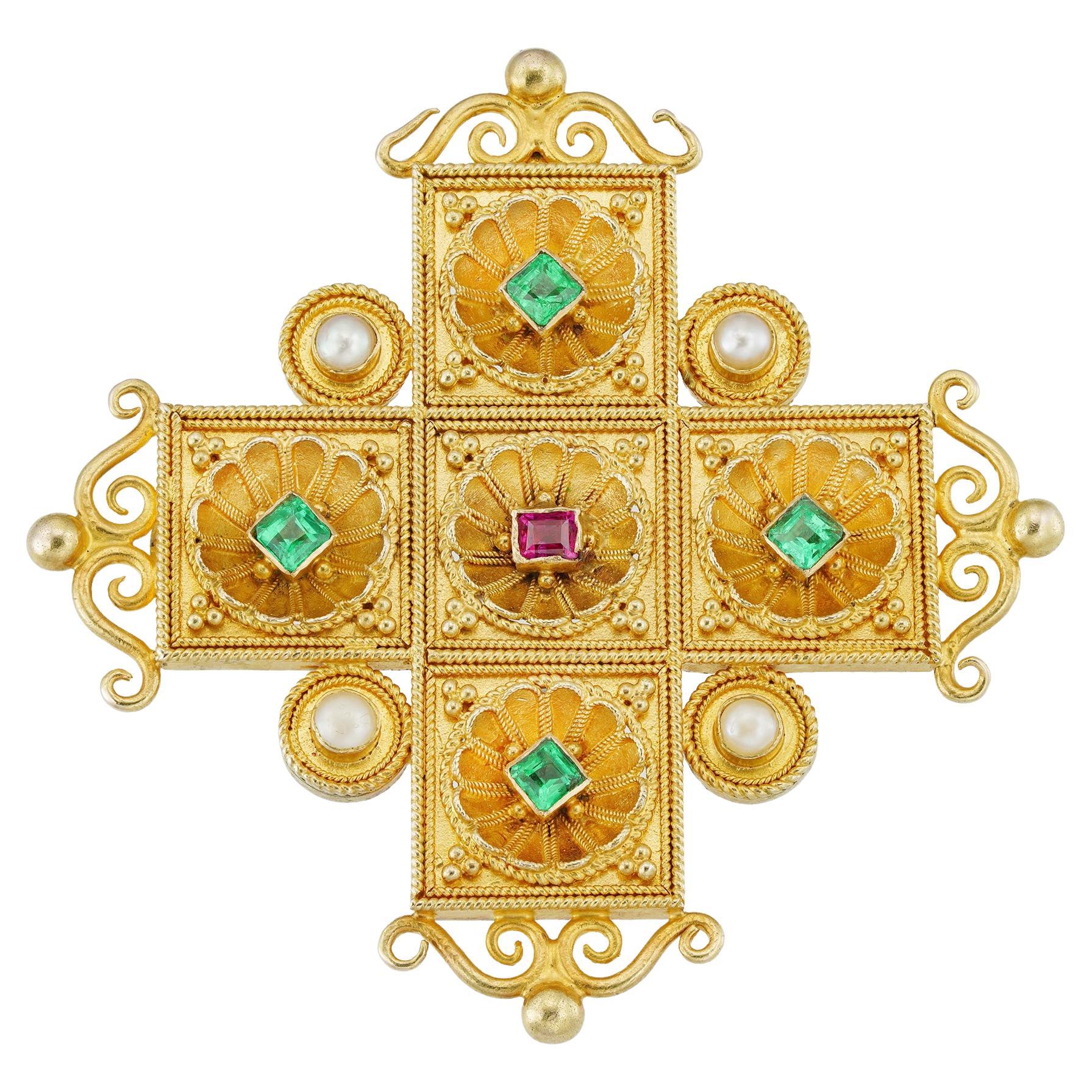 Goldkreuz-Brosche/Anhänger im archäologischen Revival-Stil