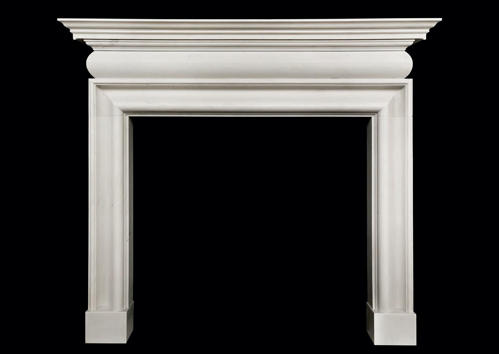 An architectural fireplace in the Georgian manner. The inner bolection moulding surmounted by barrel frieze and moulded shelf above. Shown in white marble but could be made in other marbles or limestones if required. English, modern. 

Shelf