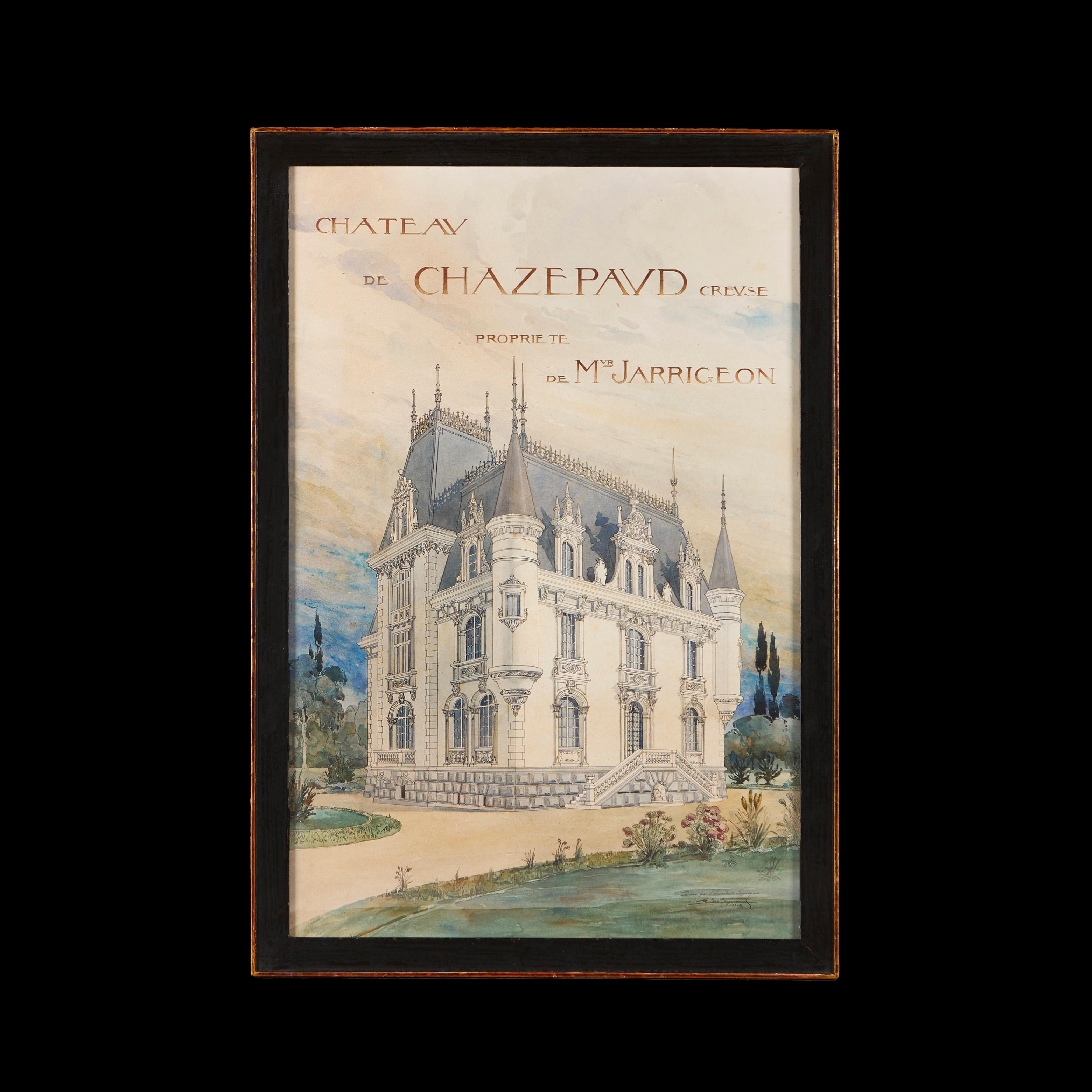 Frankreich. CIRCA 1912

Eine große detaillierte architektonische Illustration und ein Aquarell eines französischen Schlosses aus dem frühen zwanzigsten Jahrhundert, das im Stil des damals beliebten 
