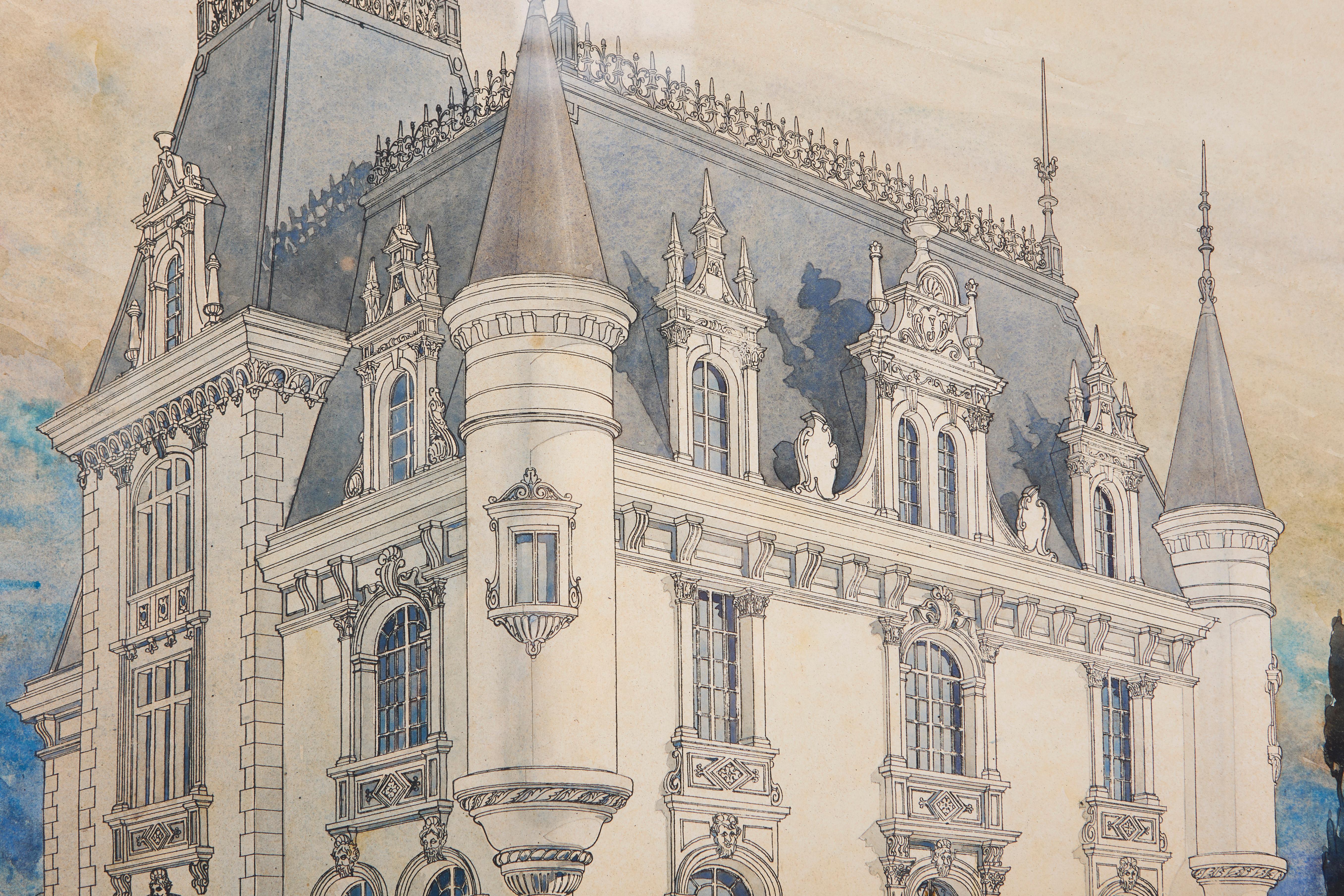 Eine architektonische Illustration des Chateau De Chazepaud (Französisch) im Angebot