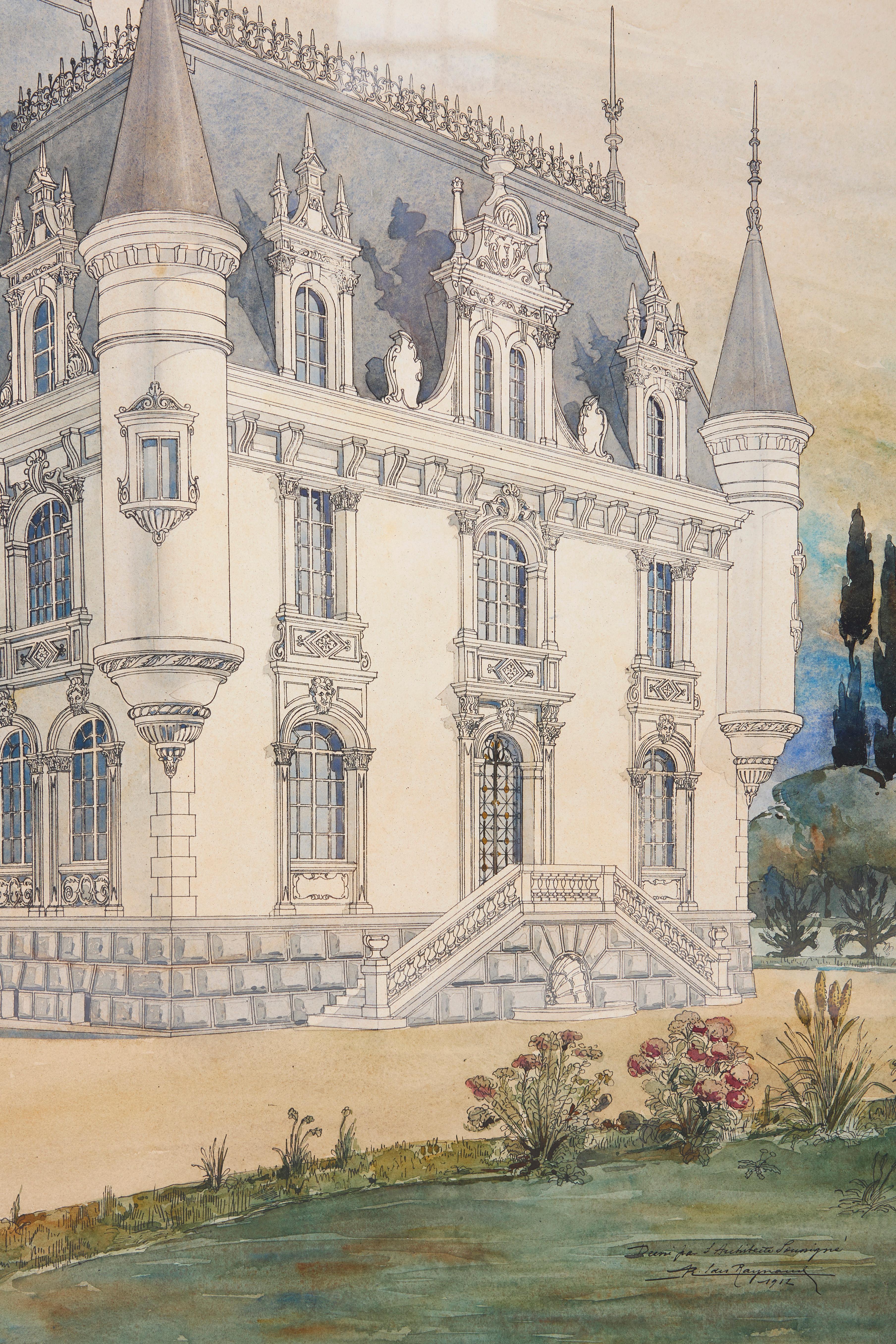 Eine architektonische Illustration des Chateau De Chazepaud (Handbemalt) im Angebot