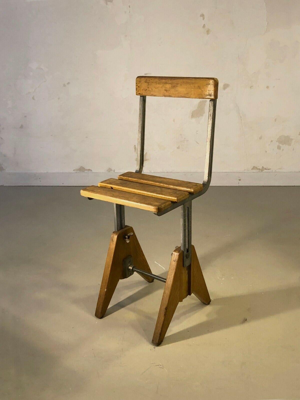 An astonishing very singular, telescopic workshop chair, Modernist, Bauhaus, Constructivist, Reconstruction, geometric structures in thick pieces of metal with telescopic system, on 2 stylized solid wood legs, solid wood seat, Ets. Levant &