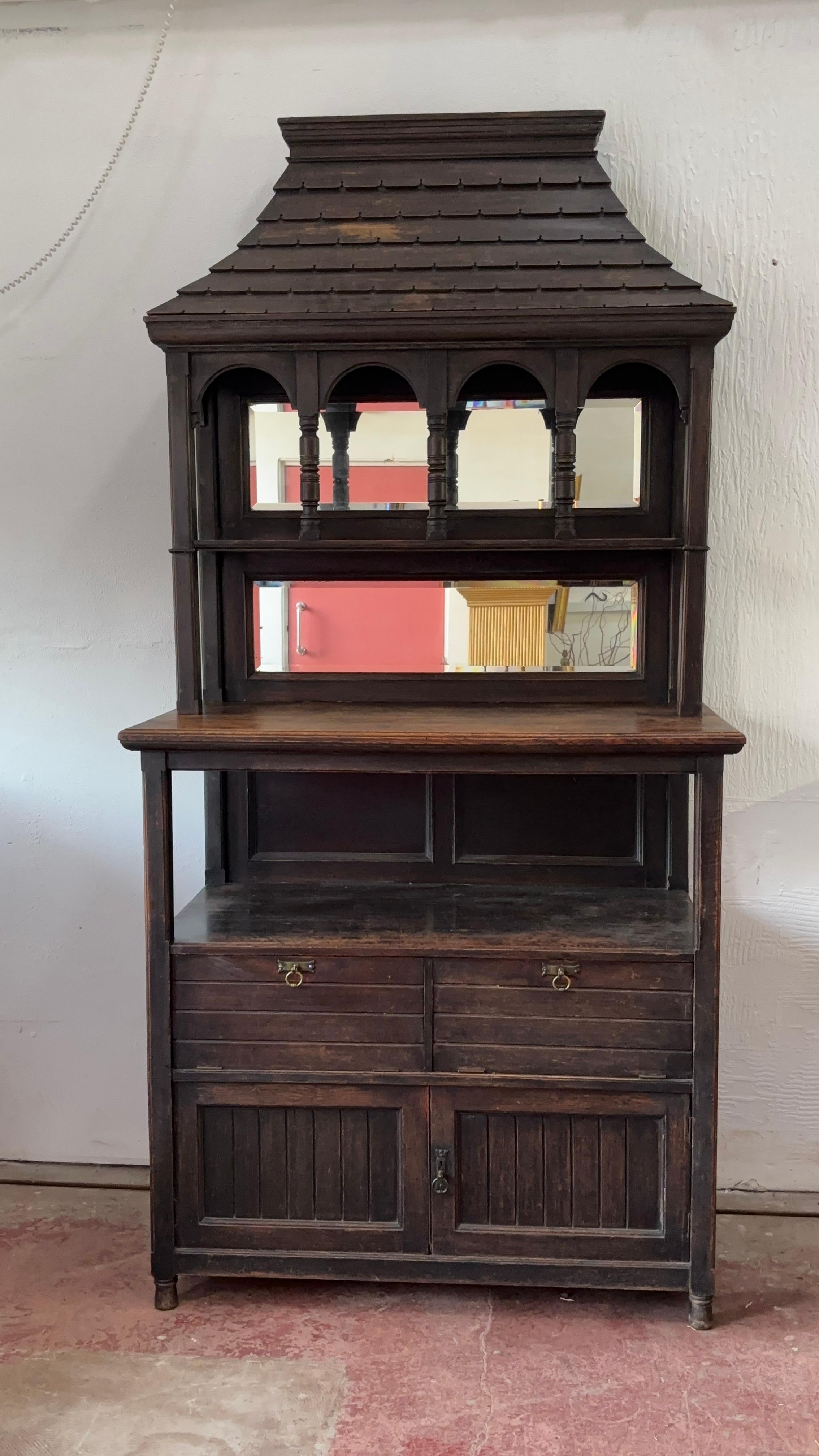 Arts and Crafts An Architectural Pagoda Top Dresser Cabinet, Arts & Crafts, English c1880 For Sale