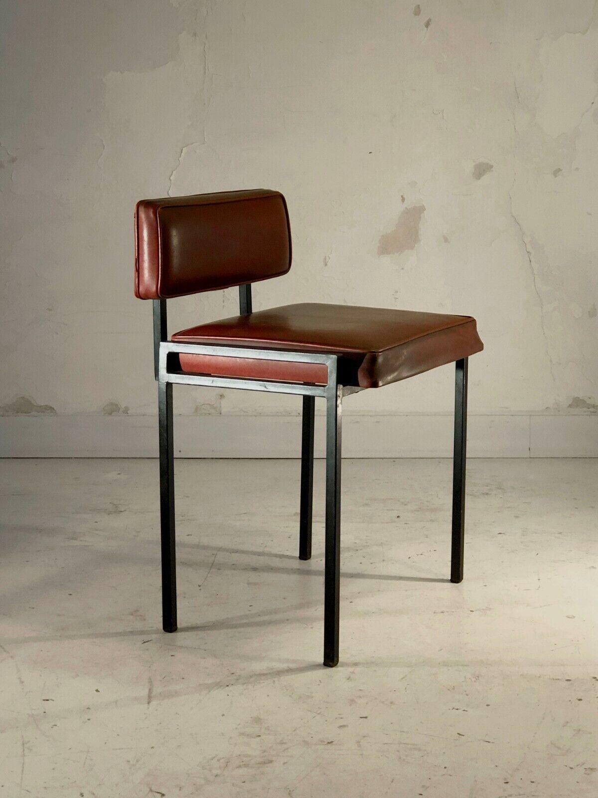 A rigorous Architectural, Modernist, Constructivist, Reconstruction chair, complex metal structure with black lacquered square section, seat in red imitation leather, in the spirit of the most radical french mid-century-modern creators such as