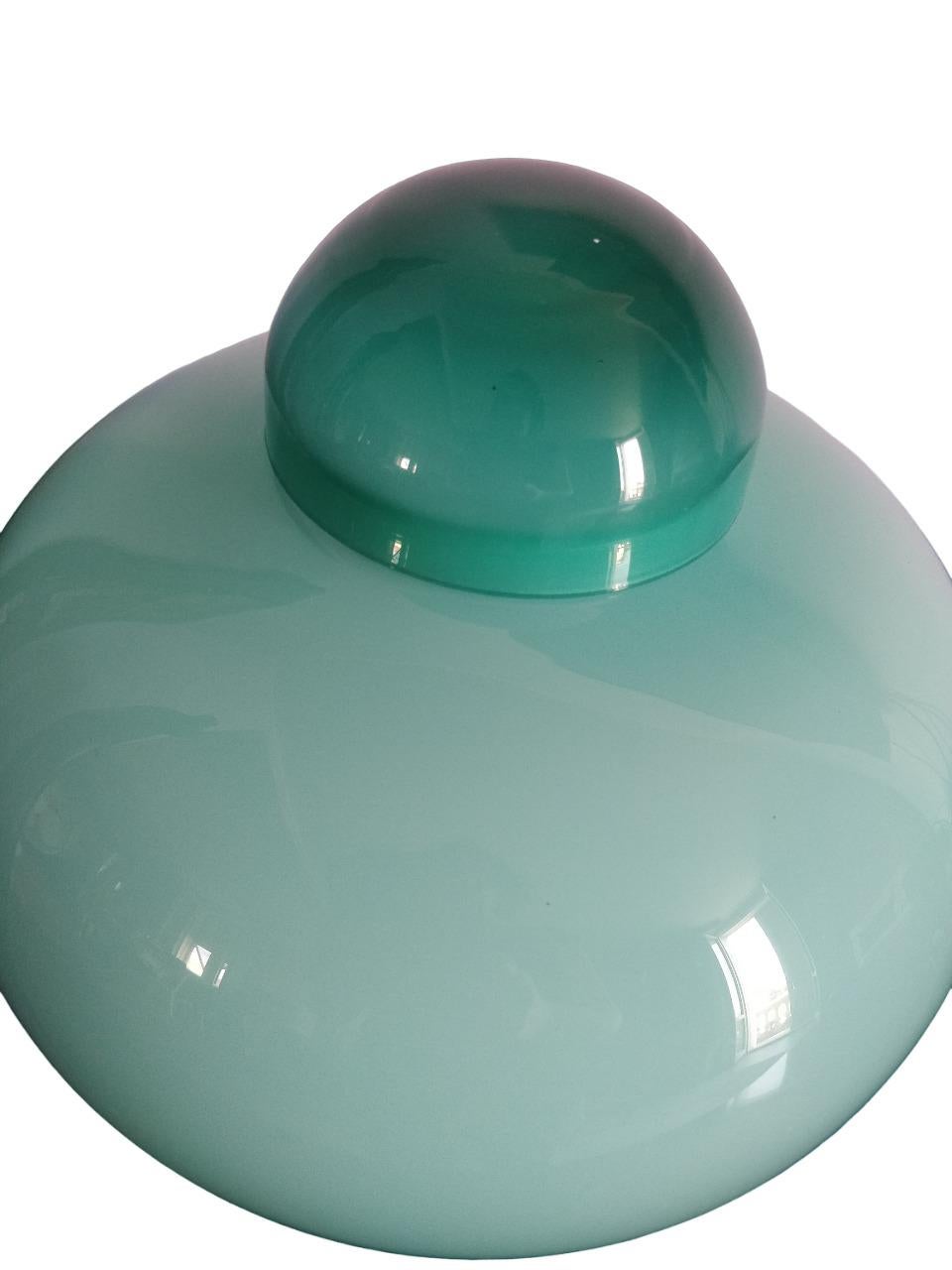 The described vase is an elegant work of green glass, with a round shape that develops with a diameter of 25 cm and a height of 24 cm. The choice of green glass adds a touch of freshness and nature to its overall appearance, imparting a sense of