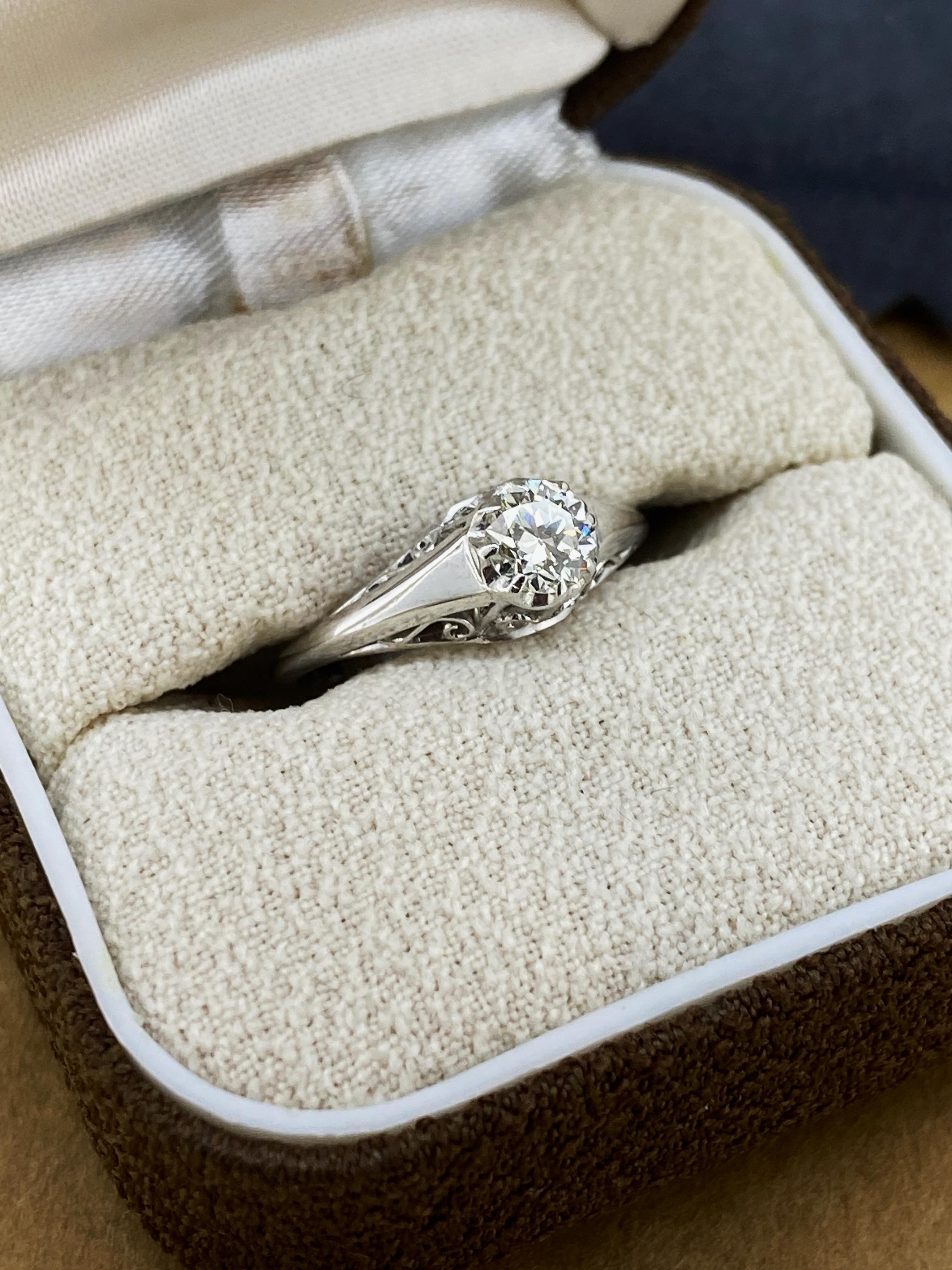 An Art-Deco 0.40ct Old European Cut Diamond Solitaire 18K Gold/Platinum Ring In Excellent Condition For Sale In MELBOURNE, AU