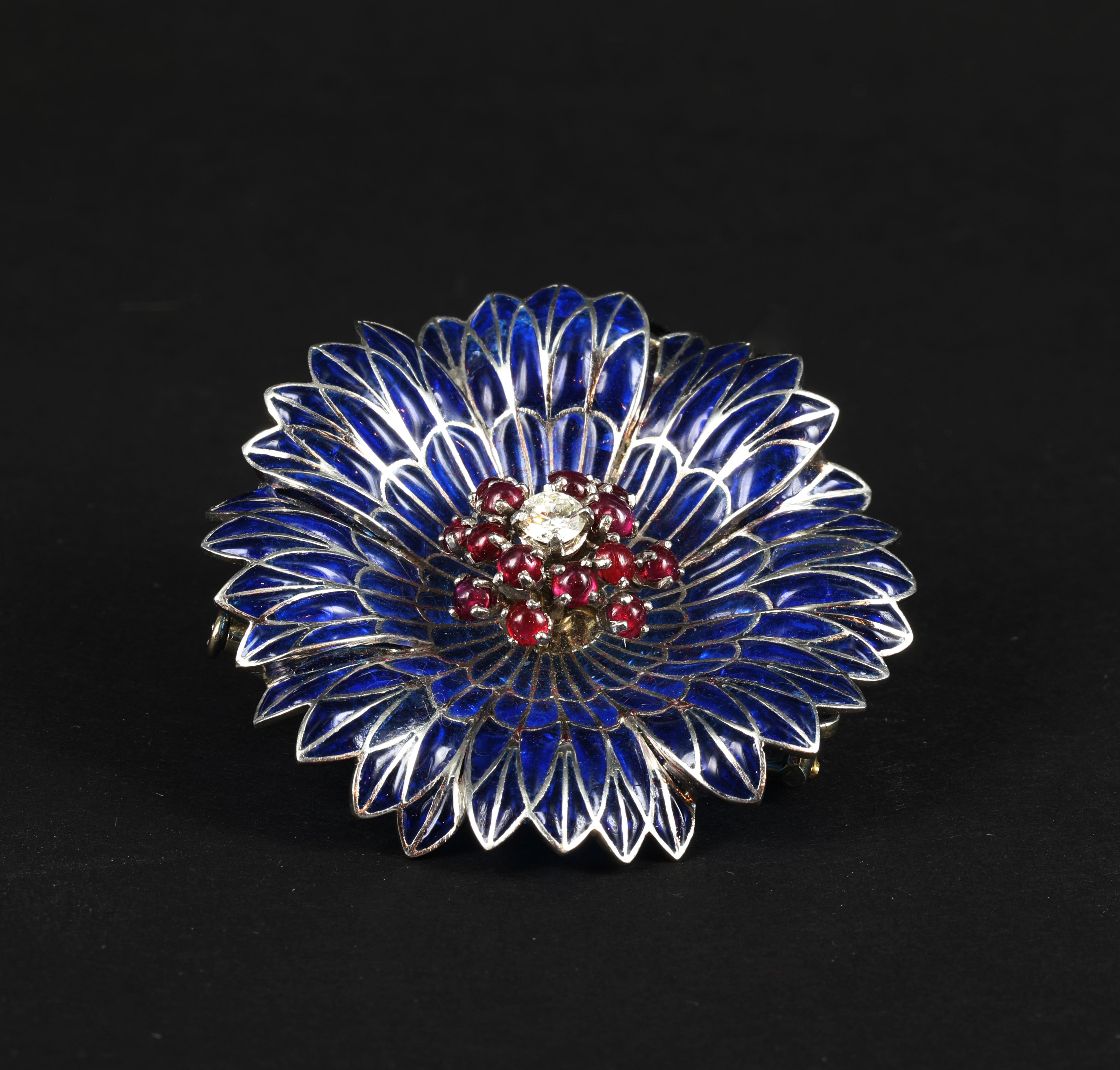 An Art Deco 18K White Gold, Ruby & Plique-à-jour Enamel Brooch! Circa 1900 In Good Condition For Sale In Pasadena, CA