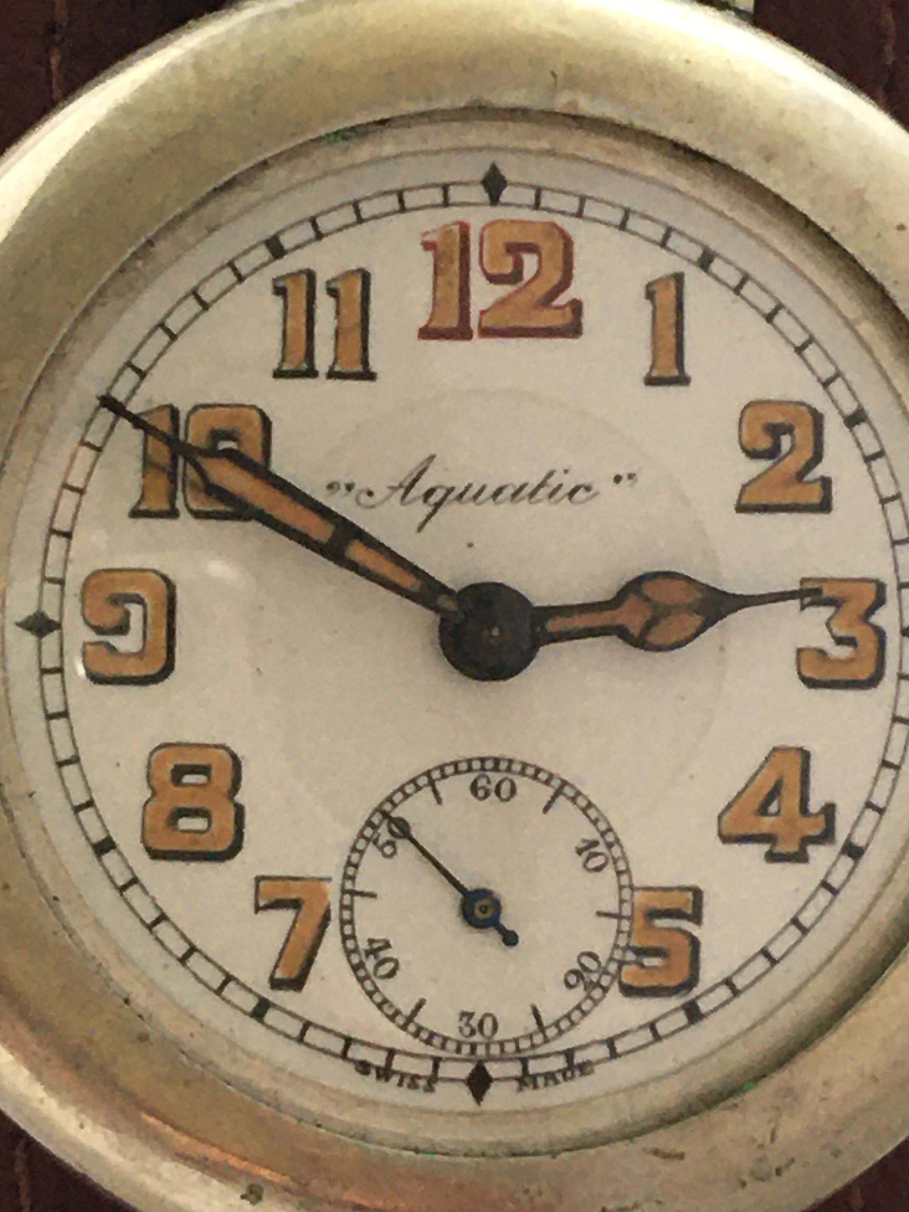This charming  pre-owned 1930’s signed “Aquatic” mechanical Trench Watch is in good working condition and it is ticking well. visible signs of ageing and gentle used.

Please study the images carefully as form part of the description. 
